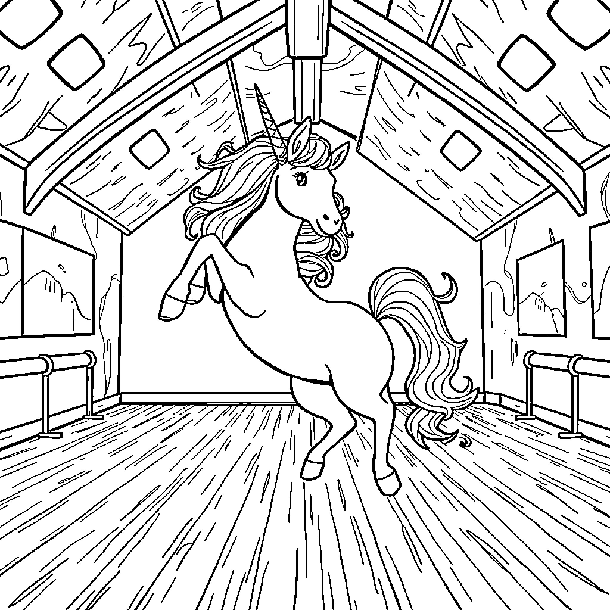 Unicorn dancing gracefully in a fantasy setting Coloring Page (free black-and-white line drawing printable PDF for all, from beginners to advanced learners, including children, teens, adults, and seniors)