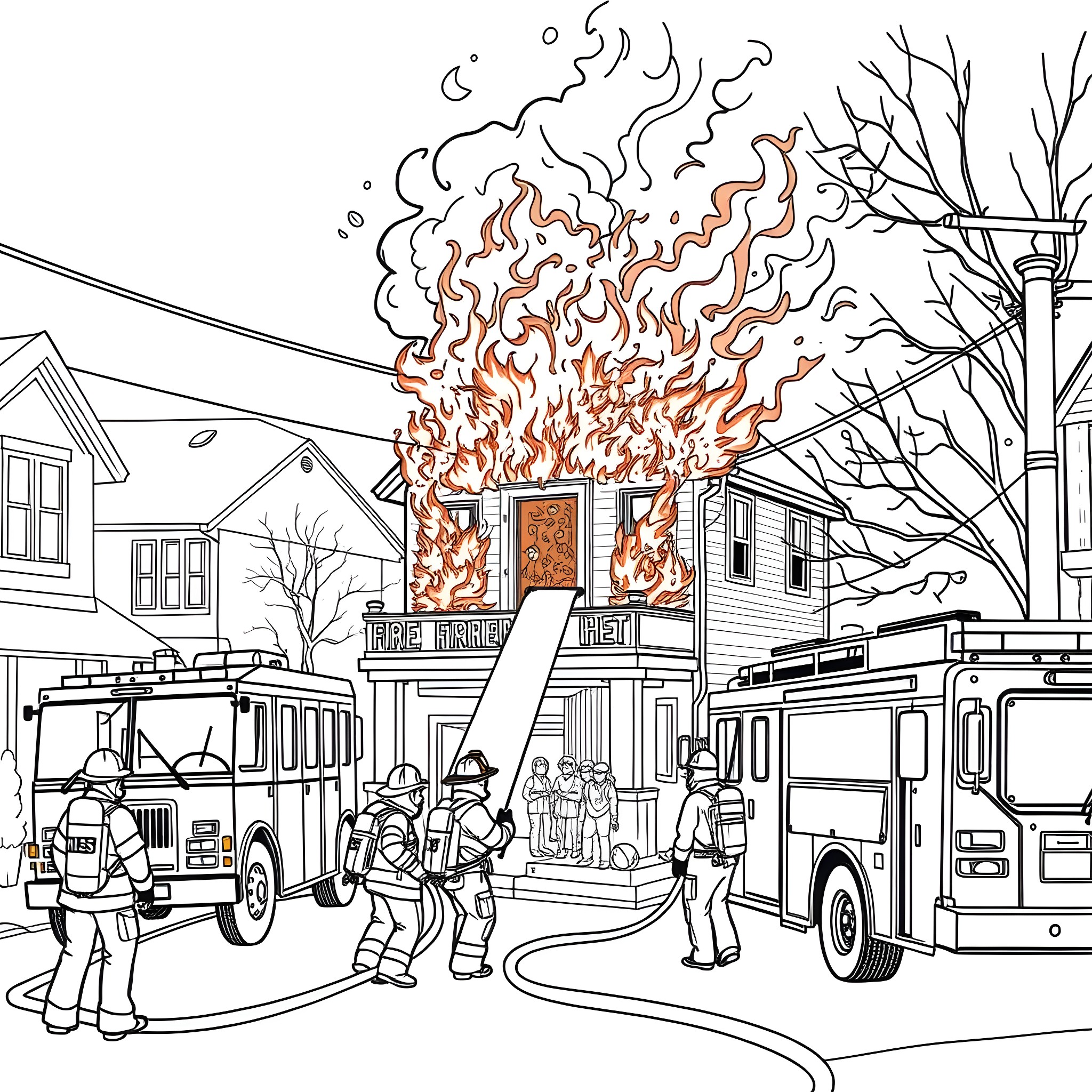 Firefighters Battling Flames in Neighborhood Coloring Page (free black-and-white line drawing printable PDF for all, from beginners to advanced learners, including children, teens, adults, and seniors)