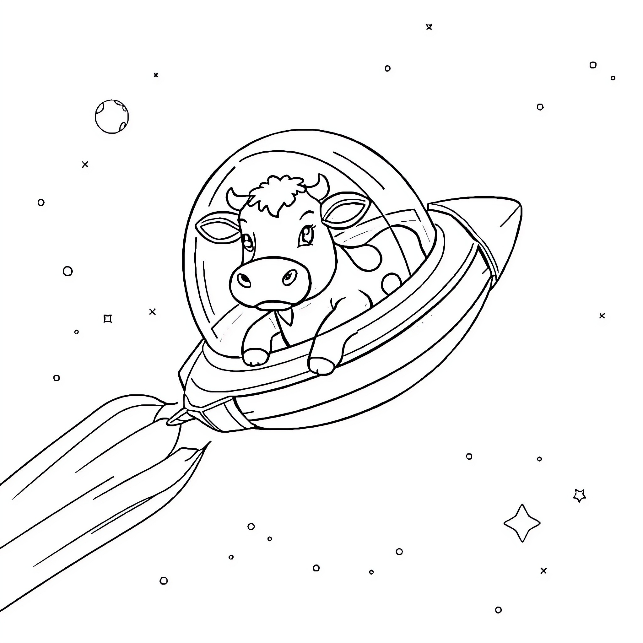 Cow riding in a spaceship through the cosmos Coloring Page (free black-and-white line drawing printable PDF for all, from beginners to advanced learners, including children, teens, adults, and seniors)