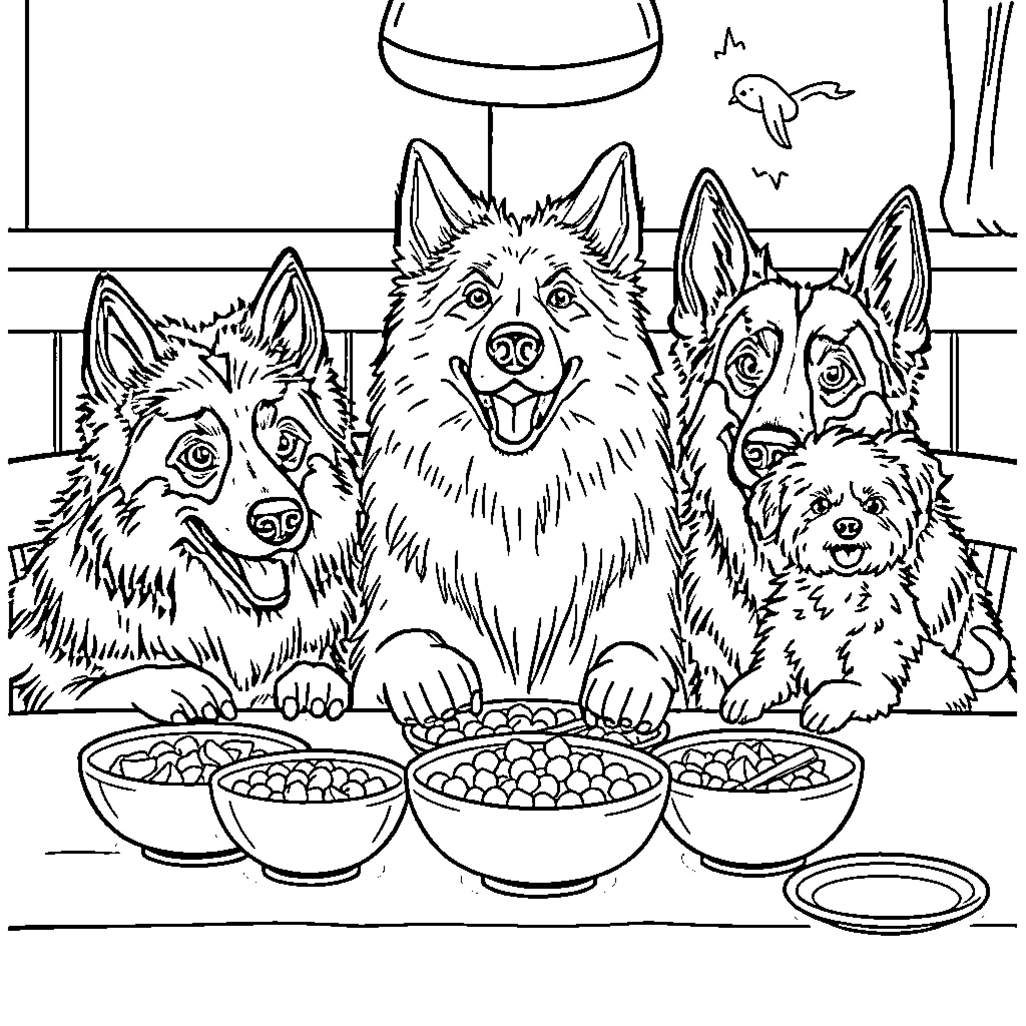 Dog trio enjoys a meal together Coloring Page (free black-and-white line drawing printable PDF for all, from beginners to advanced learners, including children, teens, adults, and seniors)