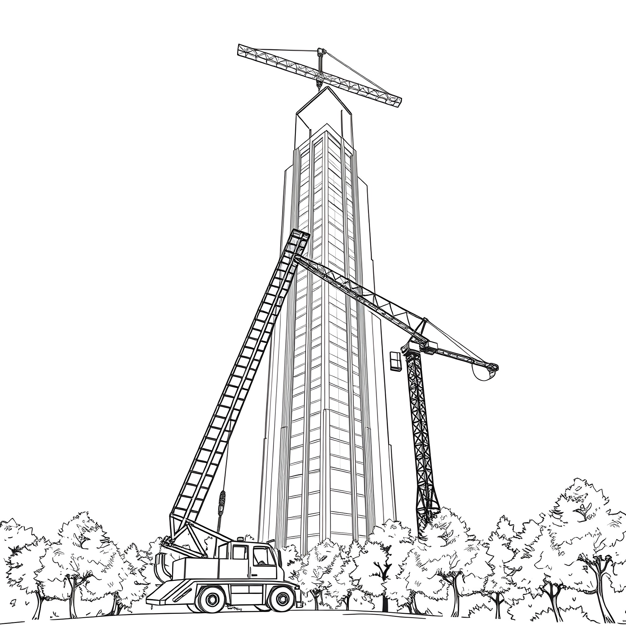 Construction Vehicle Building Skyscraper in Wooded Area Coloring Page (free black-and-white line drawing printable PDF for all, from beginners to advanced learners, including children, teens, adults, and seniors)