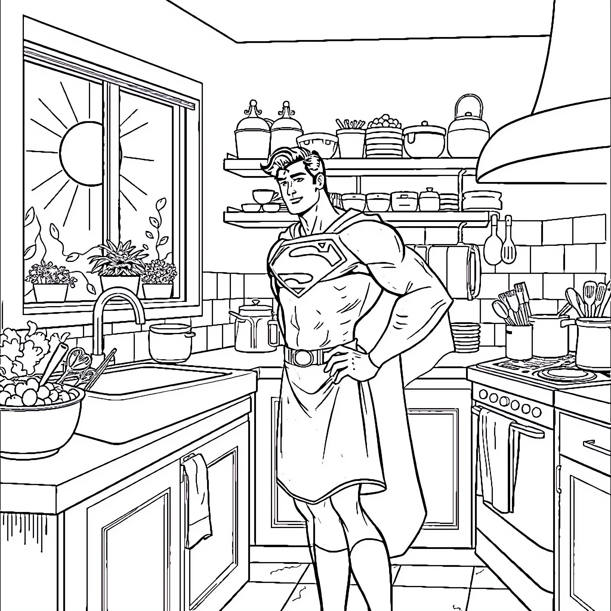 Superman Enjoying a Domestic Scene in the Kitchen Coloring Page (free black-and-white line drawing printable PDF for all, from beginners to advanced learners, including children, teens, adults, and seniors)