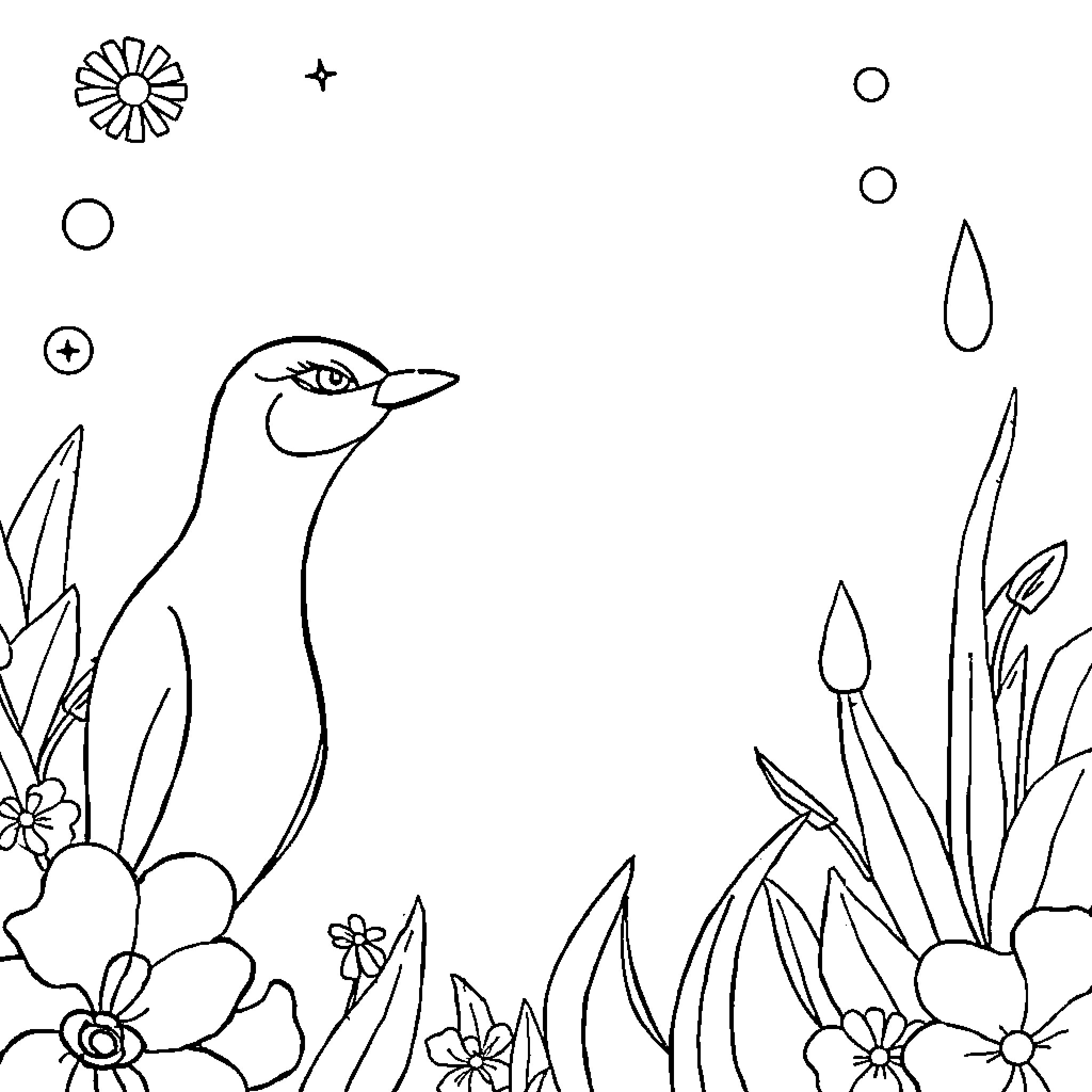 Book of Flowers and Bird Illustration Coloring Page (free black-and-white line drawing printable PDF for all, from beginners to advanced learners, including children, teens, adults, and seniors)