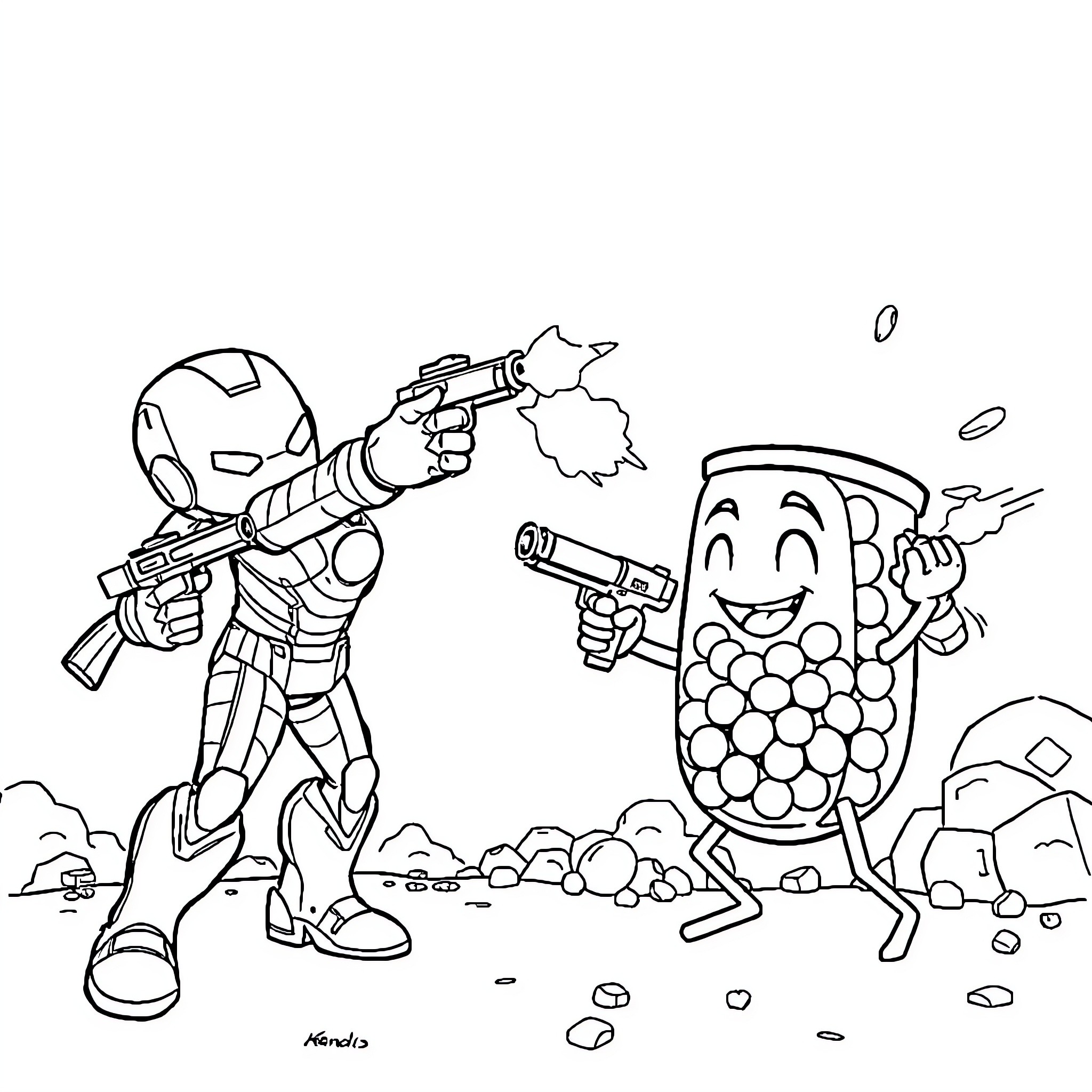 Iron Man Battles a Cartoonish Foe Coloring Page (free black-and-white line drawing printable PDF for all, from beginners to advanced learners, including children, teens, adults, and seniors)
