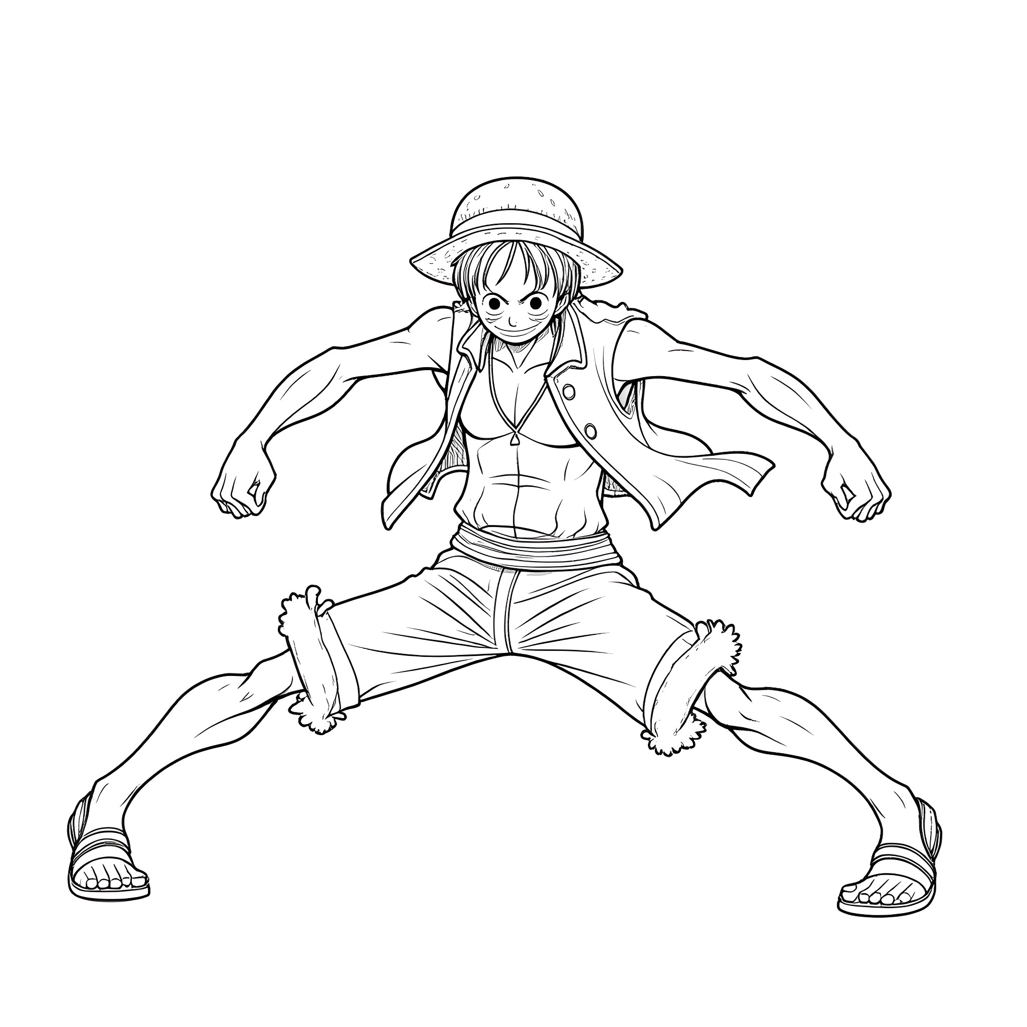 Luffy's Adventurous Pose Coloring Page (free black-and-white line drawing printable PDF for all, from beginners to advanced learners, including children, teens, adults, and seniors)
