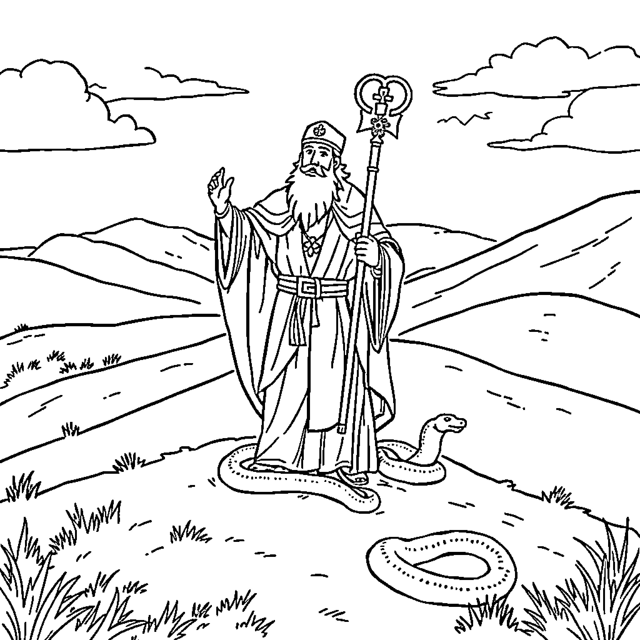 Saint Patrick preaching with staff and snake in scenic landscape Coloring Page (free black-and-white line drawing printable PDF for all, from beginners to advanced learners, including children, teens, adults, and seniors)