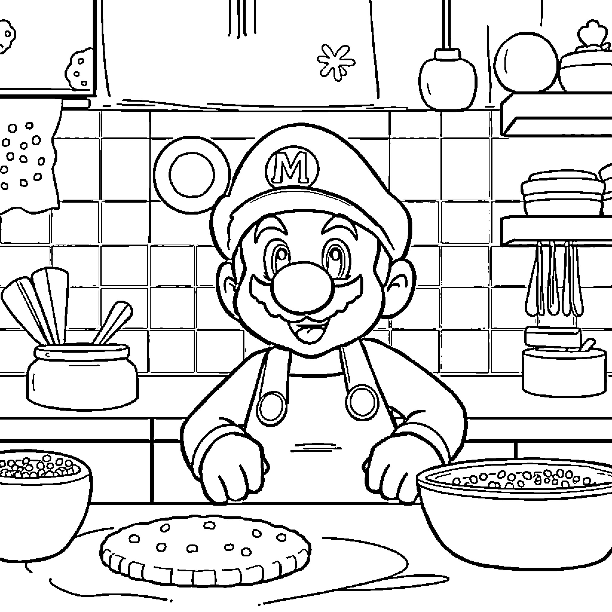 Mario Preparing Delicious Meal in Kitchen Coloring Page (free black-and-white line drawing printable PDF for all, from beginners to advanced learners, including children, teens, adults, and seniors)