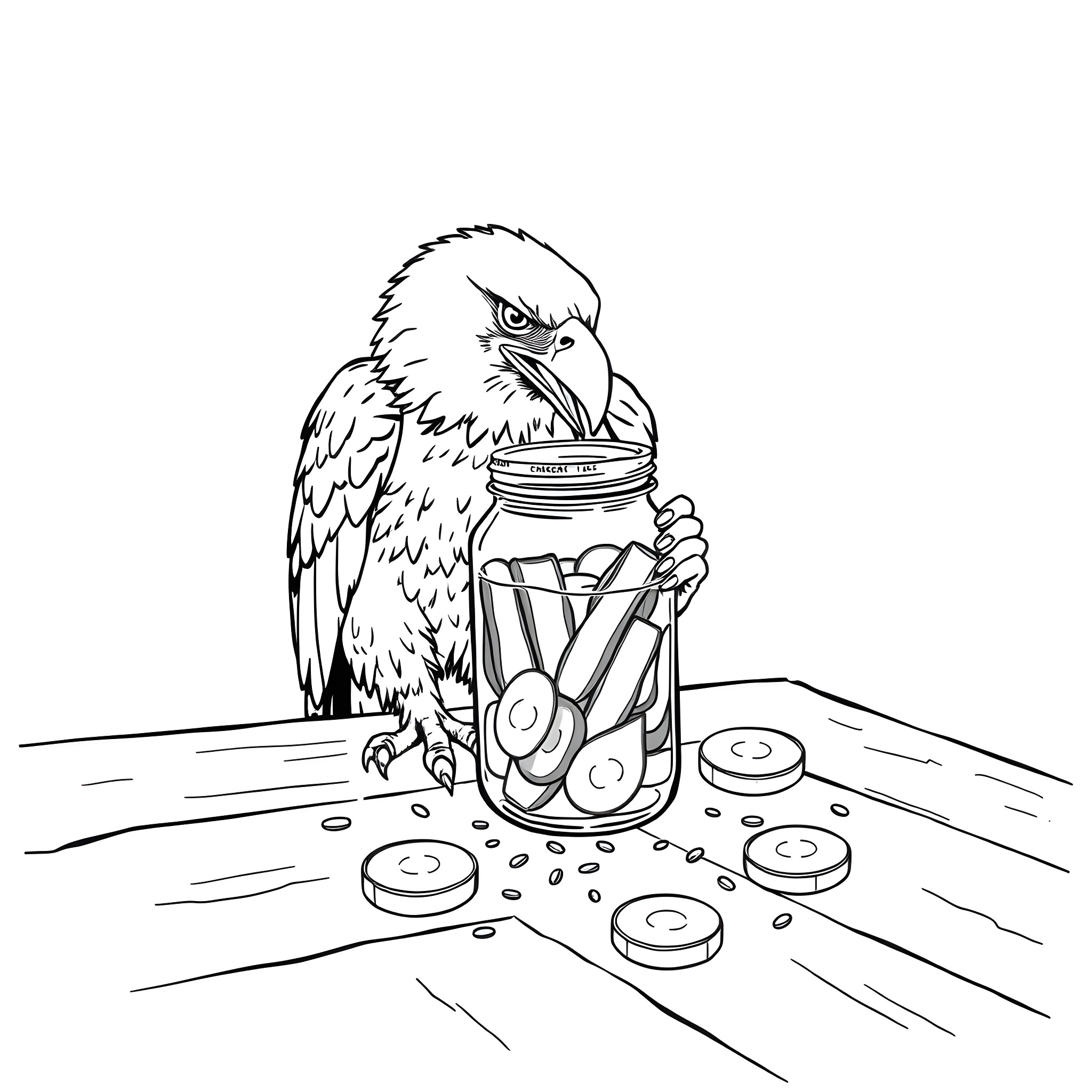 Eagle collecting colorful shapes in a jar Coloring Page (free black-and-white line drawing printable PDF for all, from beginners to advanced learners, including children, teens, adults, and seniors)