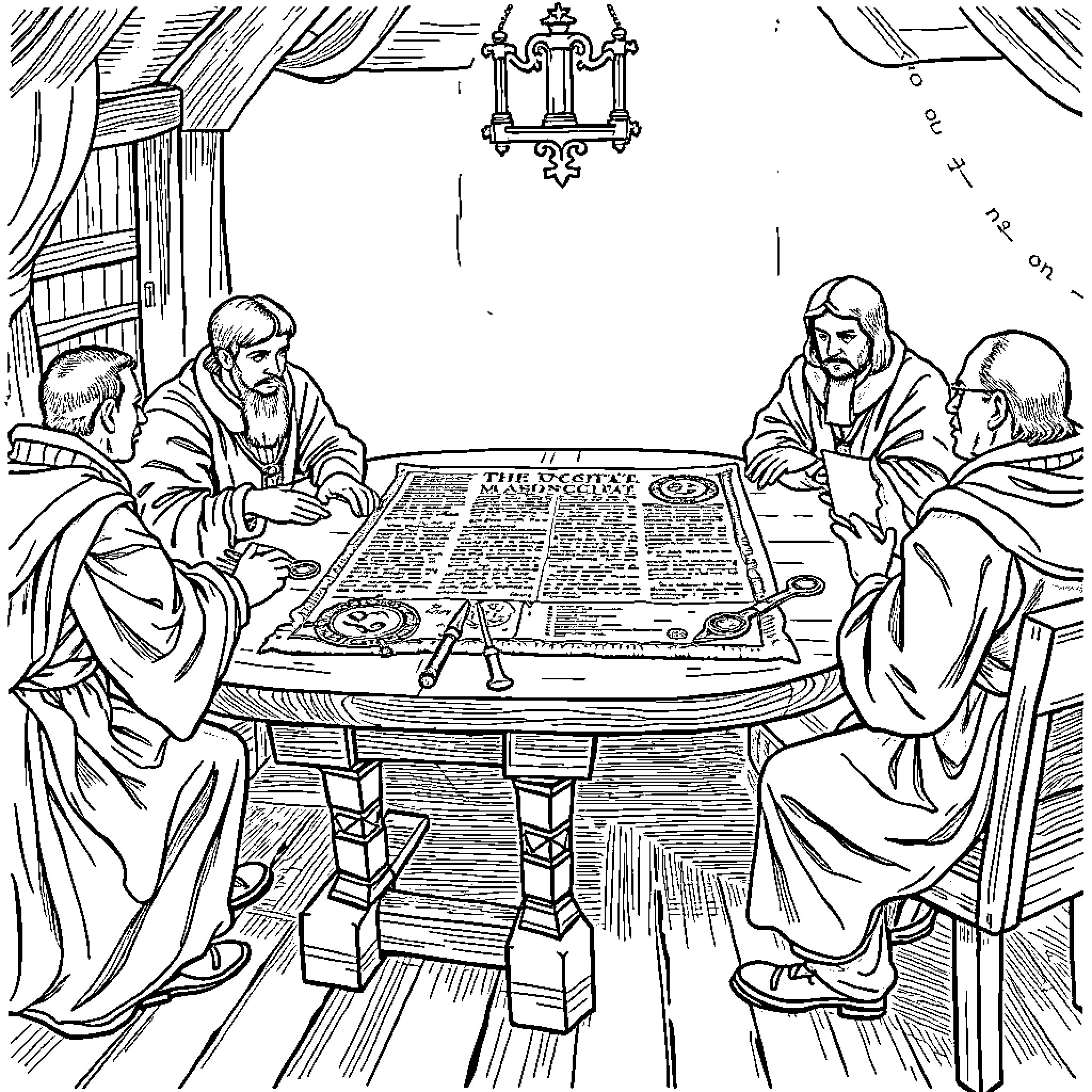 Magna Carta: Scholars Debating Historical Documents Coloring Page (free black-and-white line drawing printable PDF for all, from beginners to advanced learners, including children, teens, adults, and seniors)
