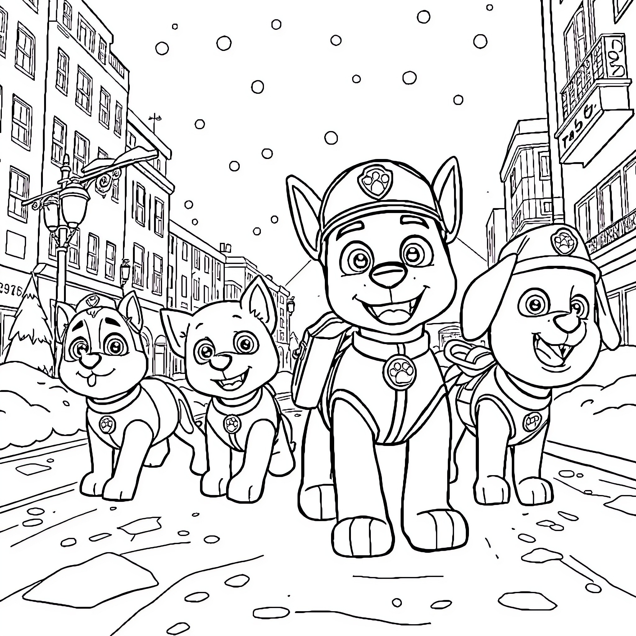 Paw Patrol characters on a city street Coloring Page (free black-and-white line drawing printable PDF for all, from beginners to advanced learners, including children, teens, adults, and seniors)