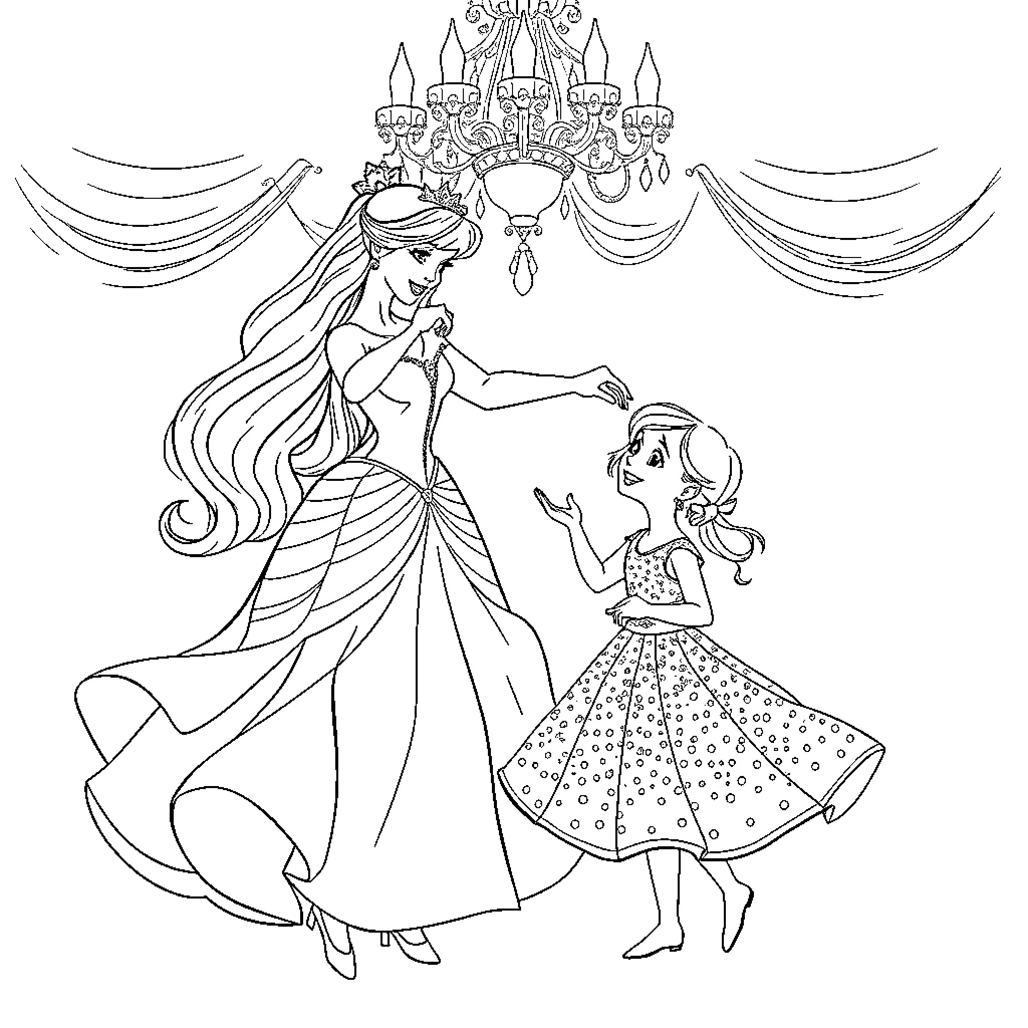 Princess hosting a dance party with a young girl Coloring Page (free black-and-white line drawing printable PDF for all, from beginners to advanced learners, including children, teens, adults, and seniors)