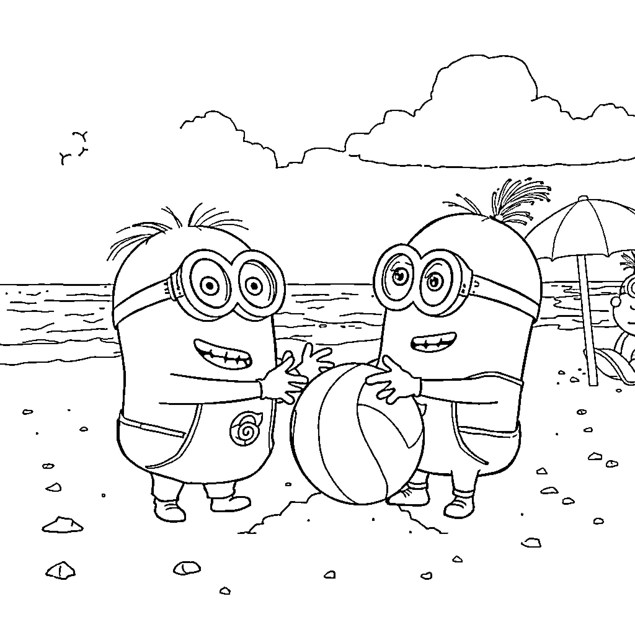 Minions Enjoying a Beach Day Coloring Page (free black-and-white line drawing printable PDF for all, from beginners to advanced learners, including children, teens, adults, and seniors)