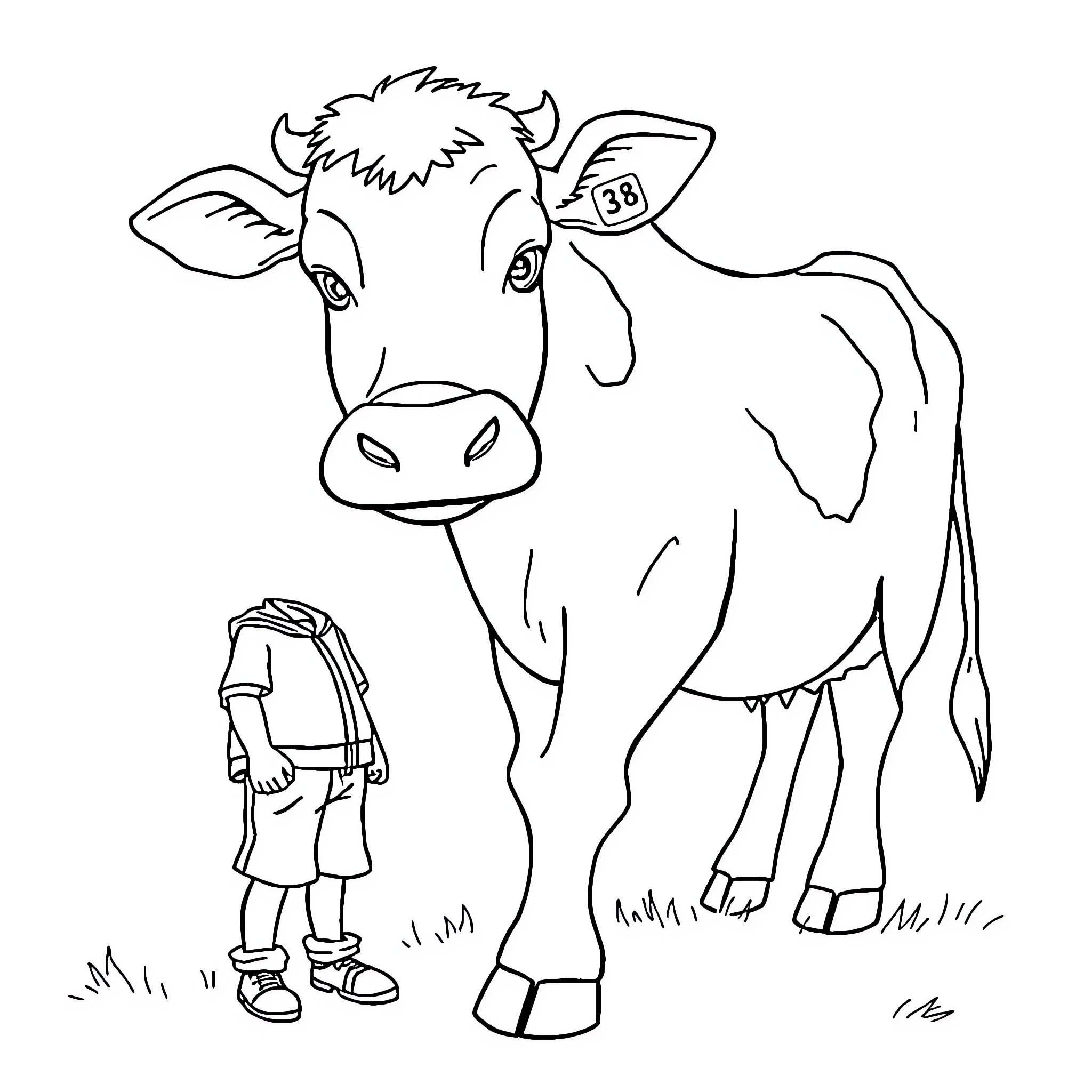 Boy examining tagged farm animal in the field Coloring Page (free black-and-white line drawing printable PDF for all, from beginners to advanced learners, including children, teens, adults, and seniors)