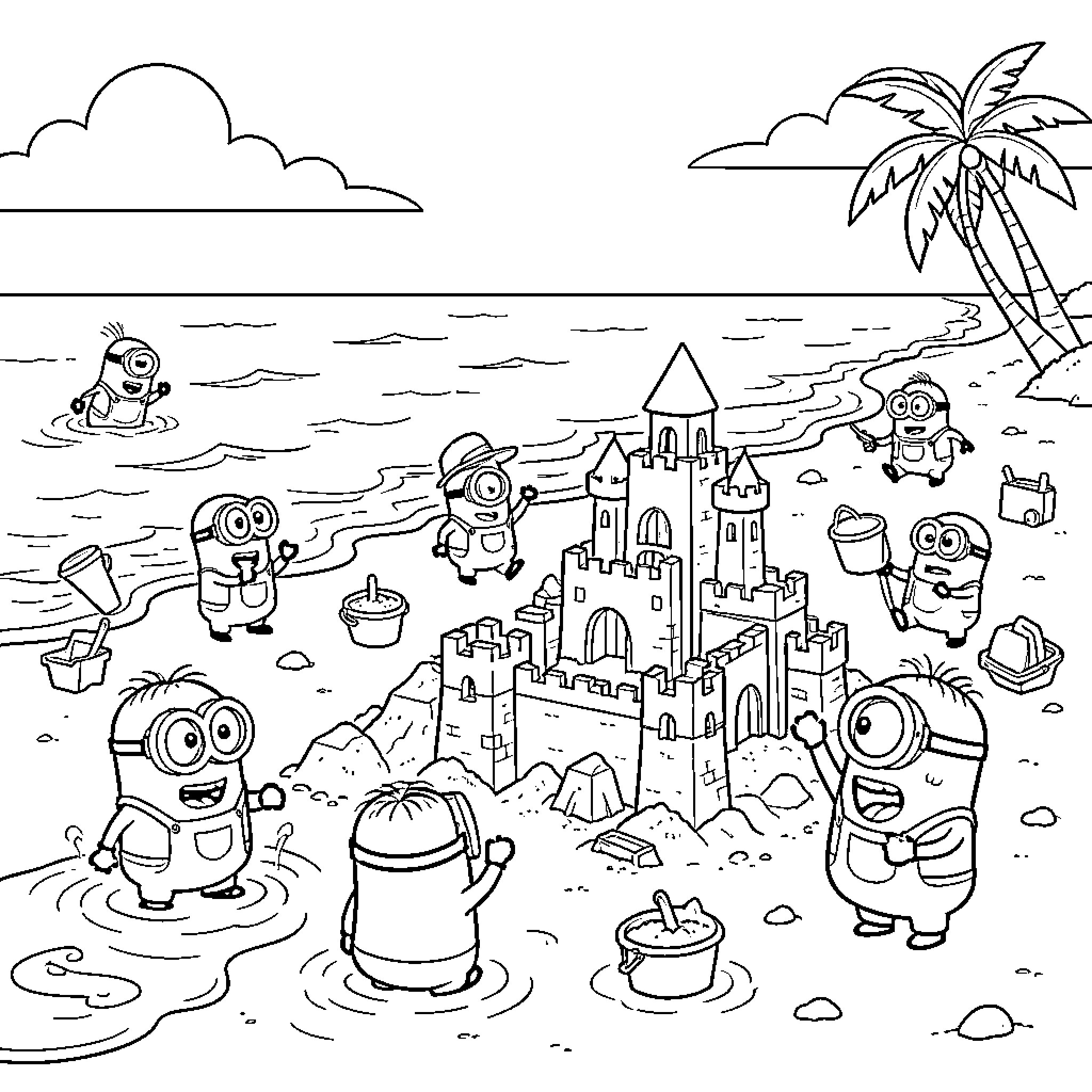 Minions building a large sandcastle on the beach Coloring Page (free black-and-white line drawing printable PDF for all, from beginners to advanced learners, including children, teens, adults, and seniors)