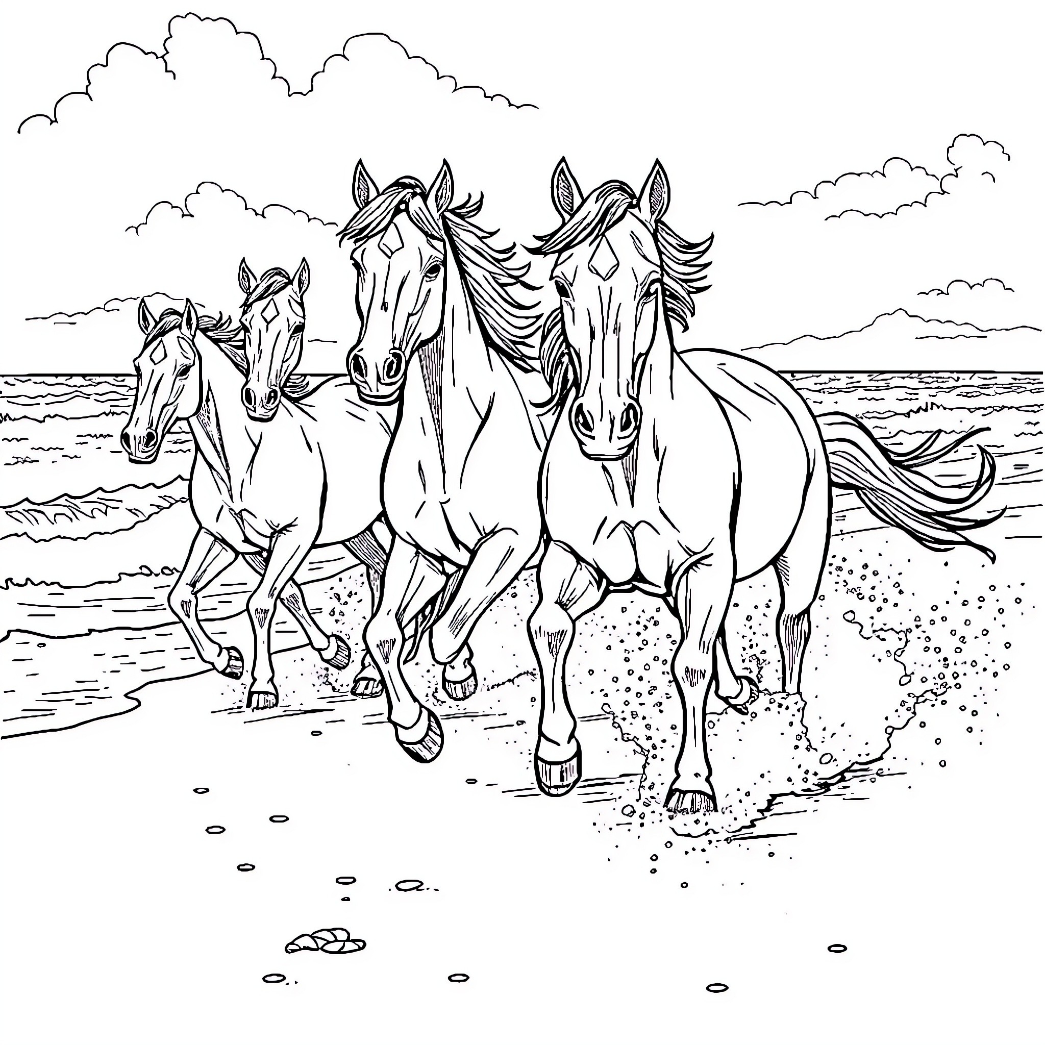 Horses galloping freely on the beach Coloring Page (free black-and-white line drawing printable PDF for all, from beginners to advanced learners, including children, teens, adults, and seniors)
