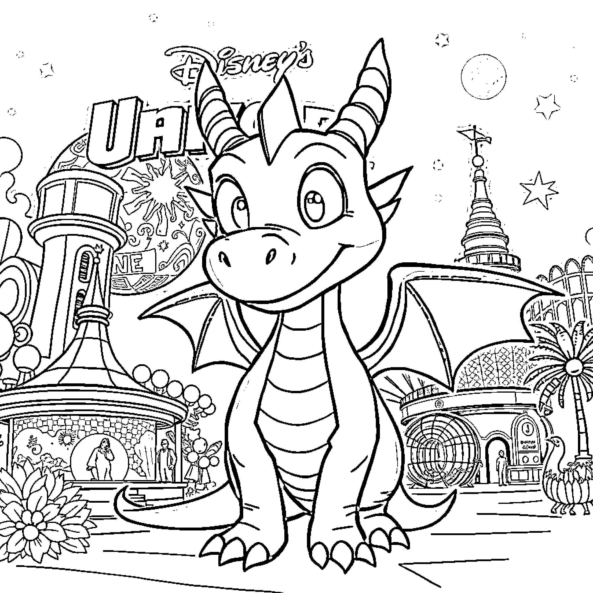 Figment Exploring Whimsical Dreamworld Coloring Page (free black-and-white line drawing printable PDF for all, from beginners to advanced learners, including children, teens, adults, and seniors)