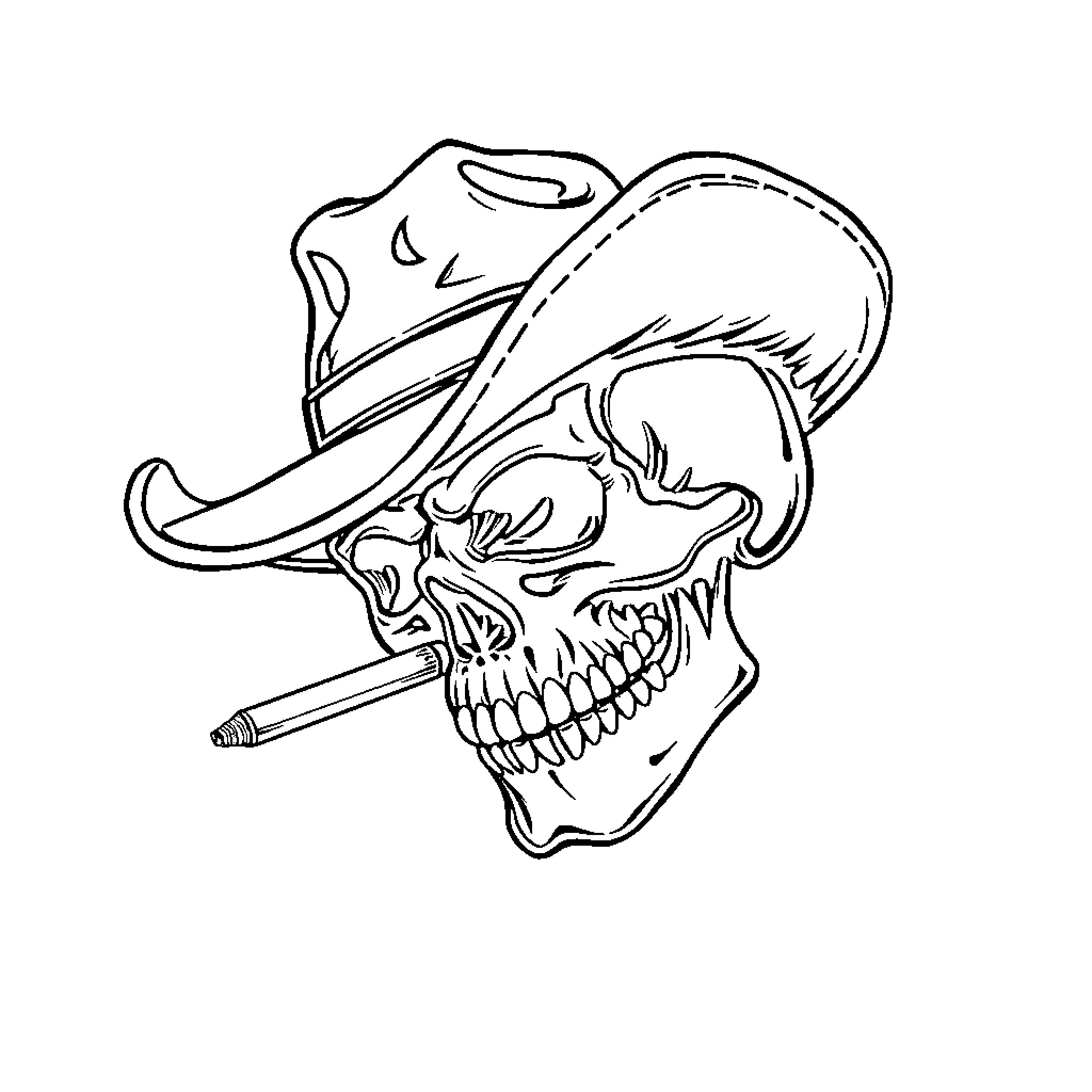 Skull with Cowboy Hat and Cigarette Coloring Page (free black-and-white line drawing printable PDF for all, from beginners to advanced learners, including children, teens, adults, and seniors)
