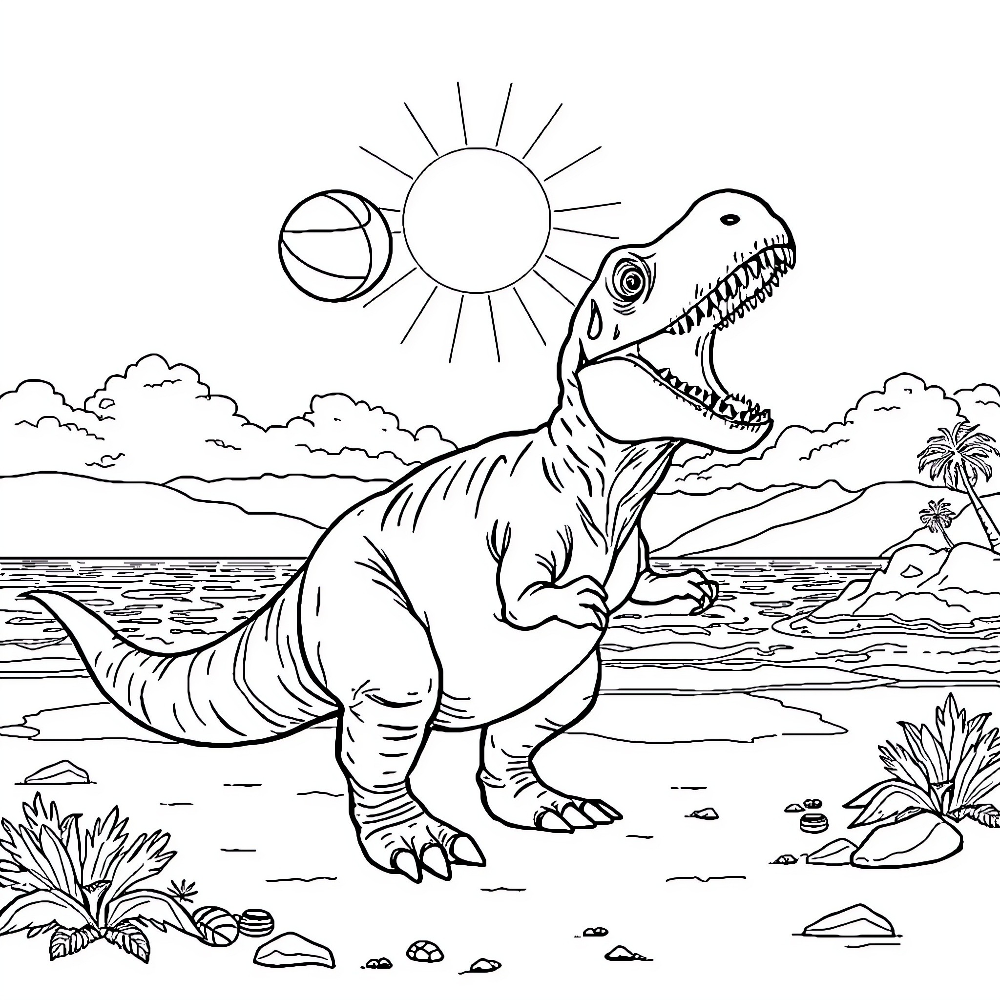 Tyrannosaurus Rex roams prehistoric landscape Coloring Page (free black-and-white line drawing printable PDF for all, from beginners to advanced learners, including children, teens, adults, and seniors)