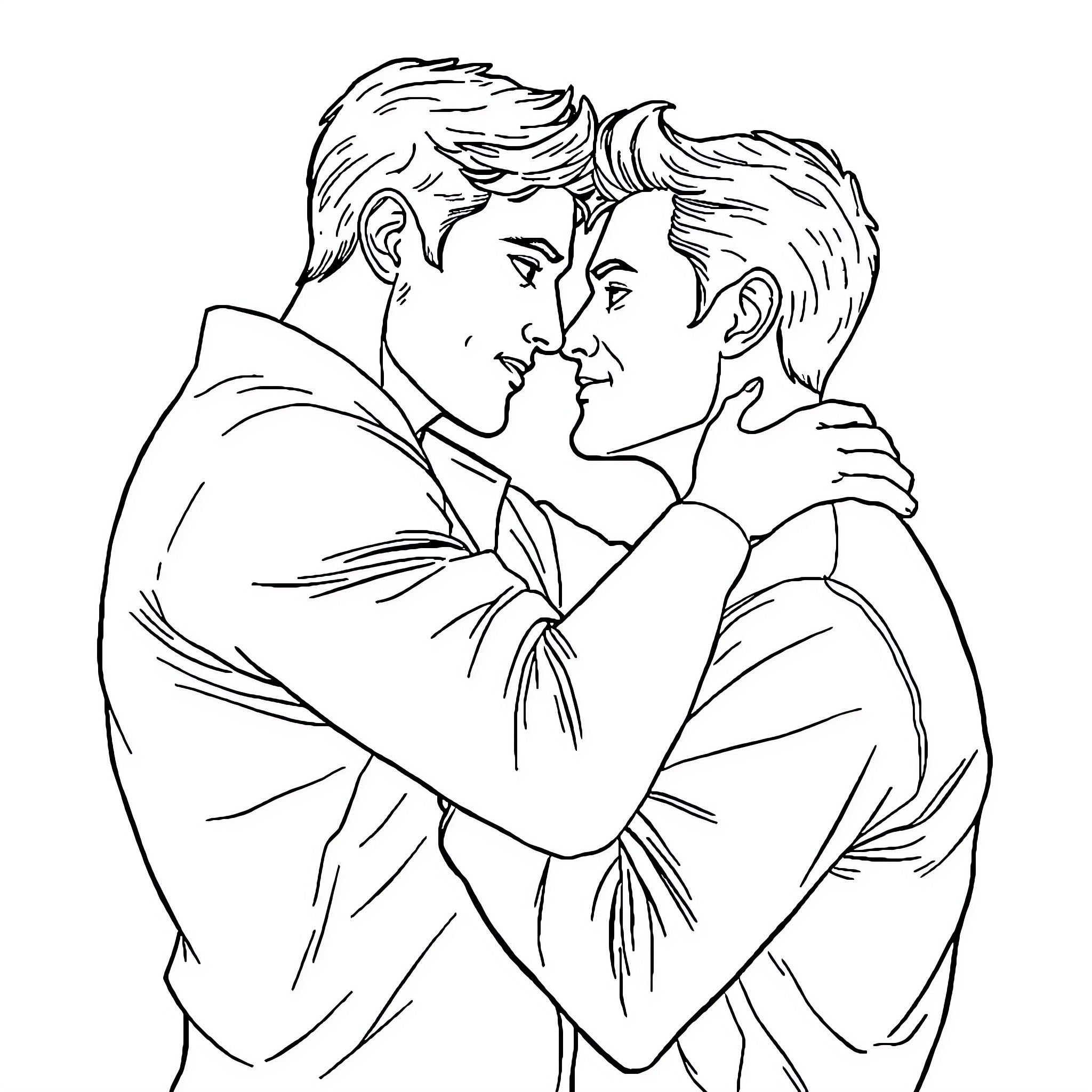 Gay couple embracing passionately Coloring Page (free black-and-white line drawing printable PDF for all, from beginners to advanced learners, including children, teens, adults, and seniors)