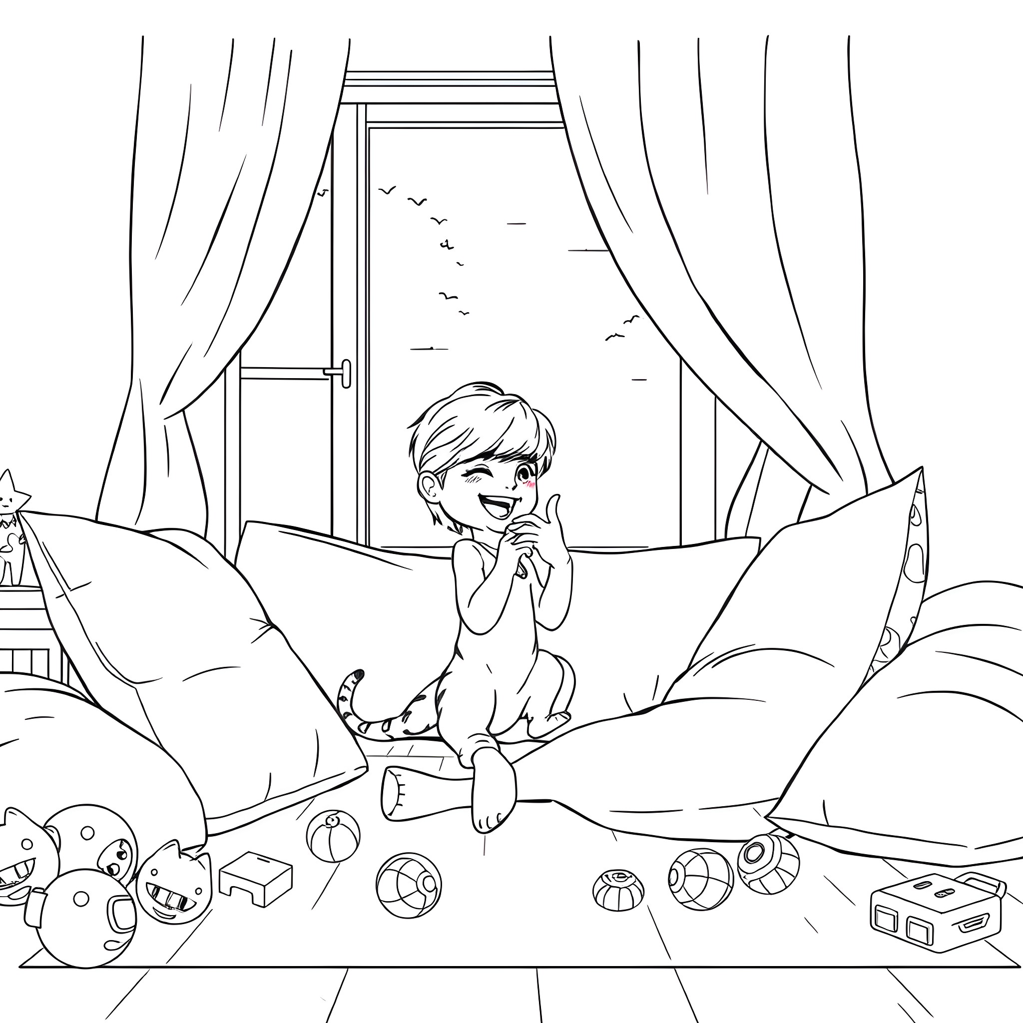 Jamieliz relaxing in a cozy bedroom with toys Coloring Page (free black-and-white line drawing printable PDF for all, from beginners to advanced learners, including children, teens, adults, and seniors)