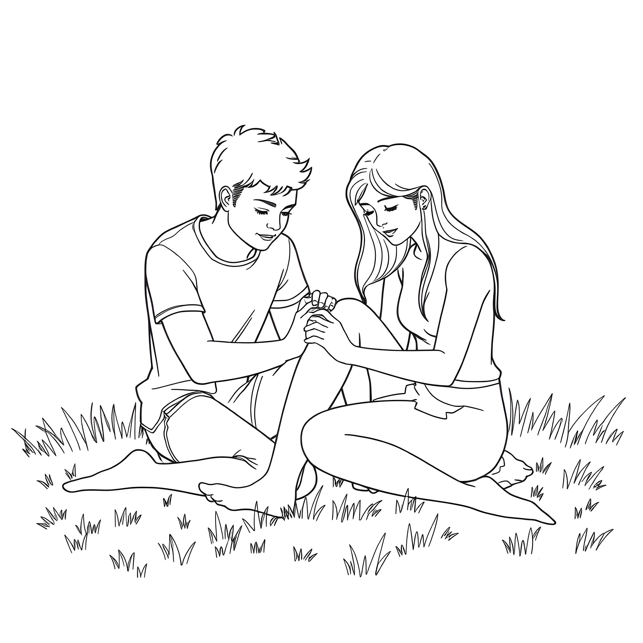 Foot Conversation in the Meadow Coloring Page (free black-and-white line drawing printable PDF for all, from beginners to advanced learners, including children, teens, adults, and seniors)