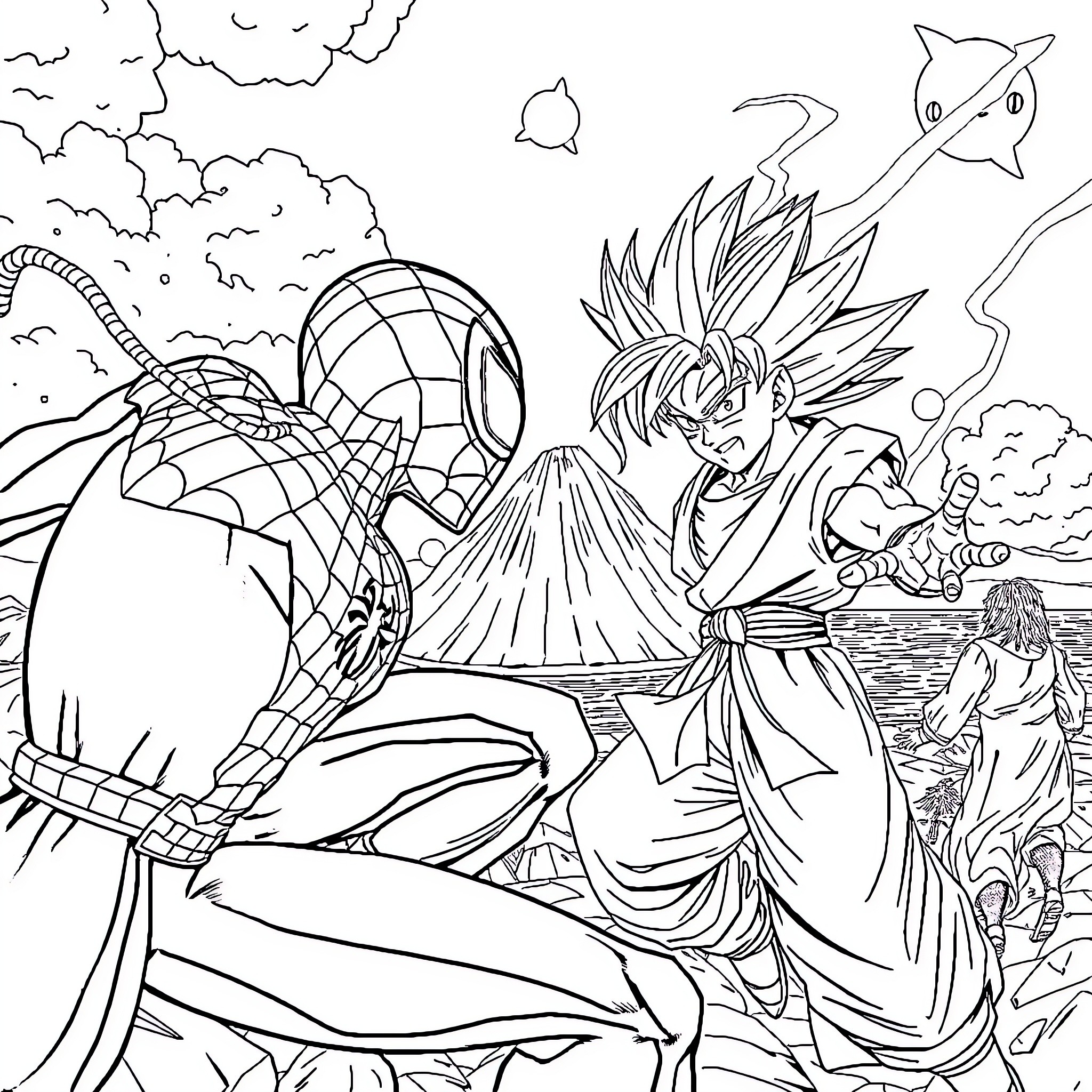 Spiderman facing off against powerful enemy in epic battle Coloring Page (free black-and-white line drawing printable PDF for all, from beginners to advanced learners, including children, teens, adults, and seniors)
