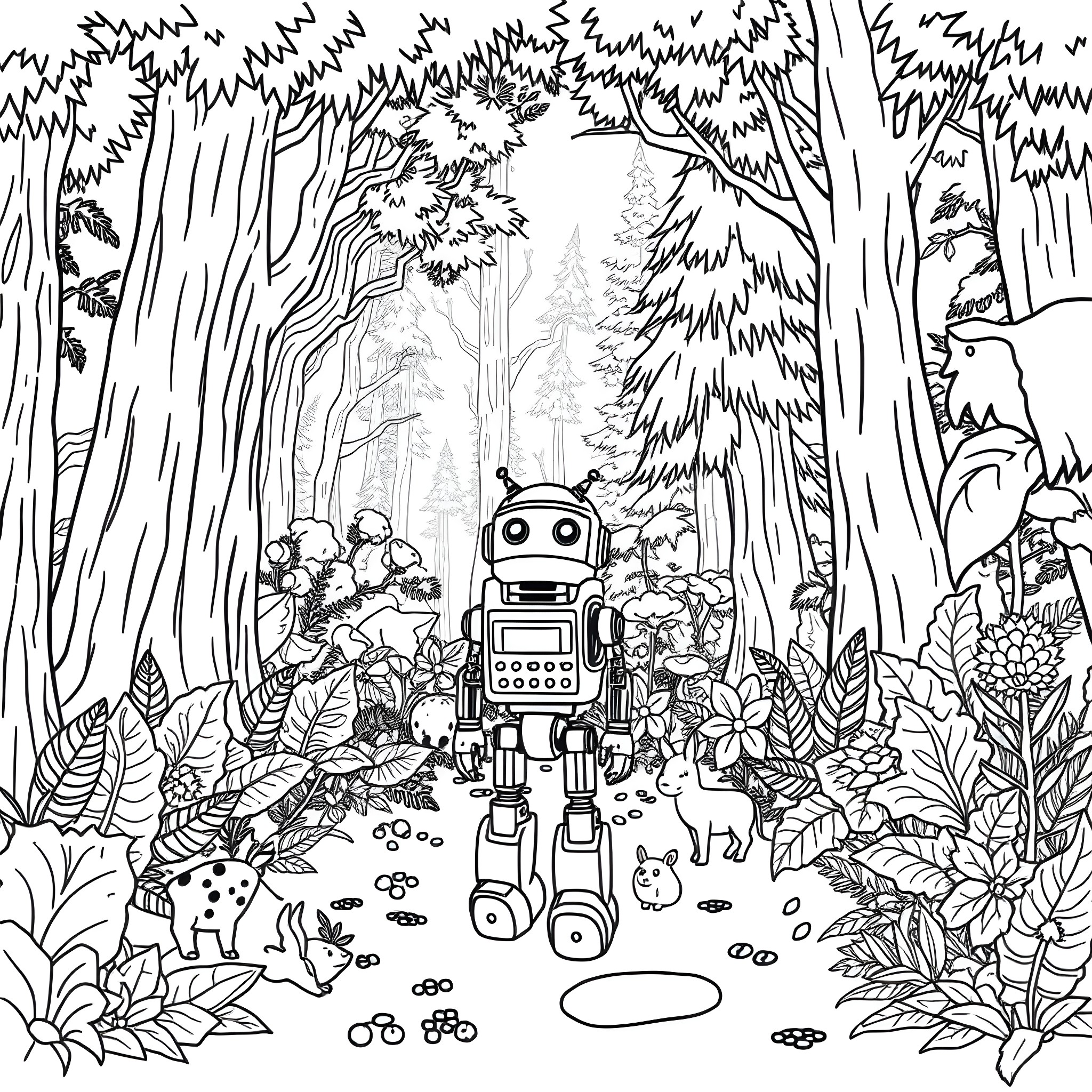 Robot Exploring Whimsical Forest Landscape Coloring Page (free black-and-white line drawing printable PDF for all, from beginners to advanced learners, including children, teens, adults, and seniors)