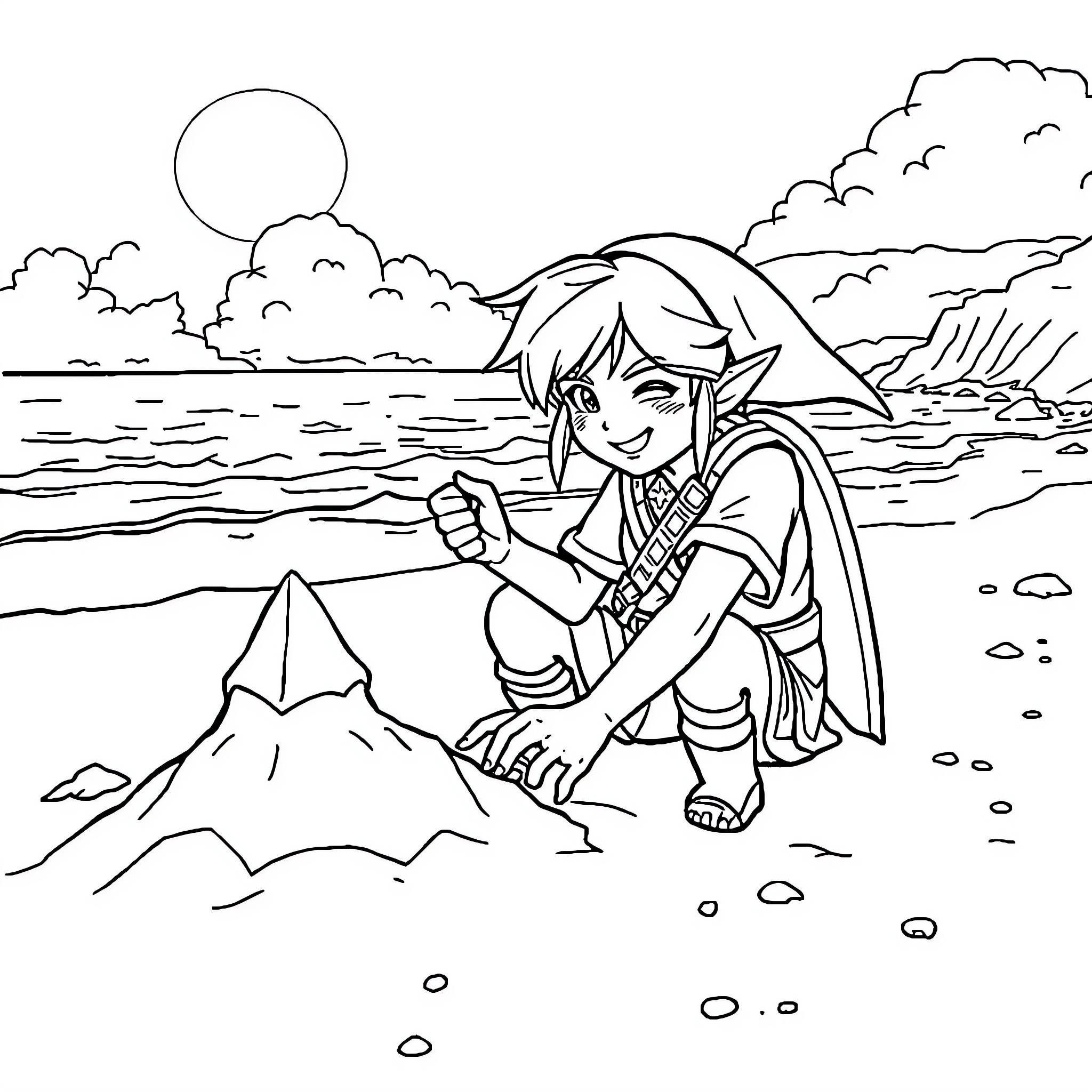 Link exploring the beach with his companion Coloring Page (free black-and-white line drawing printable PDF for all, from beginners to advanced learners, including children, teens, adults, and seniors)