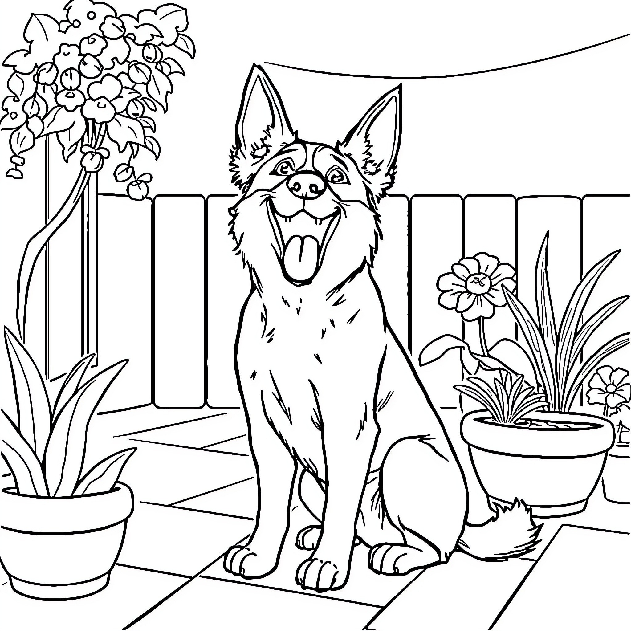 Dog sitting happily in a garden Coloring Page (free black-and-white line drawing printable PDF for all, from beginners to advanced learners, including children, teens, adults, and seniors)