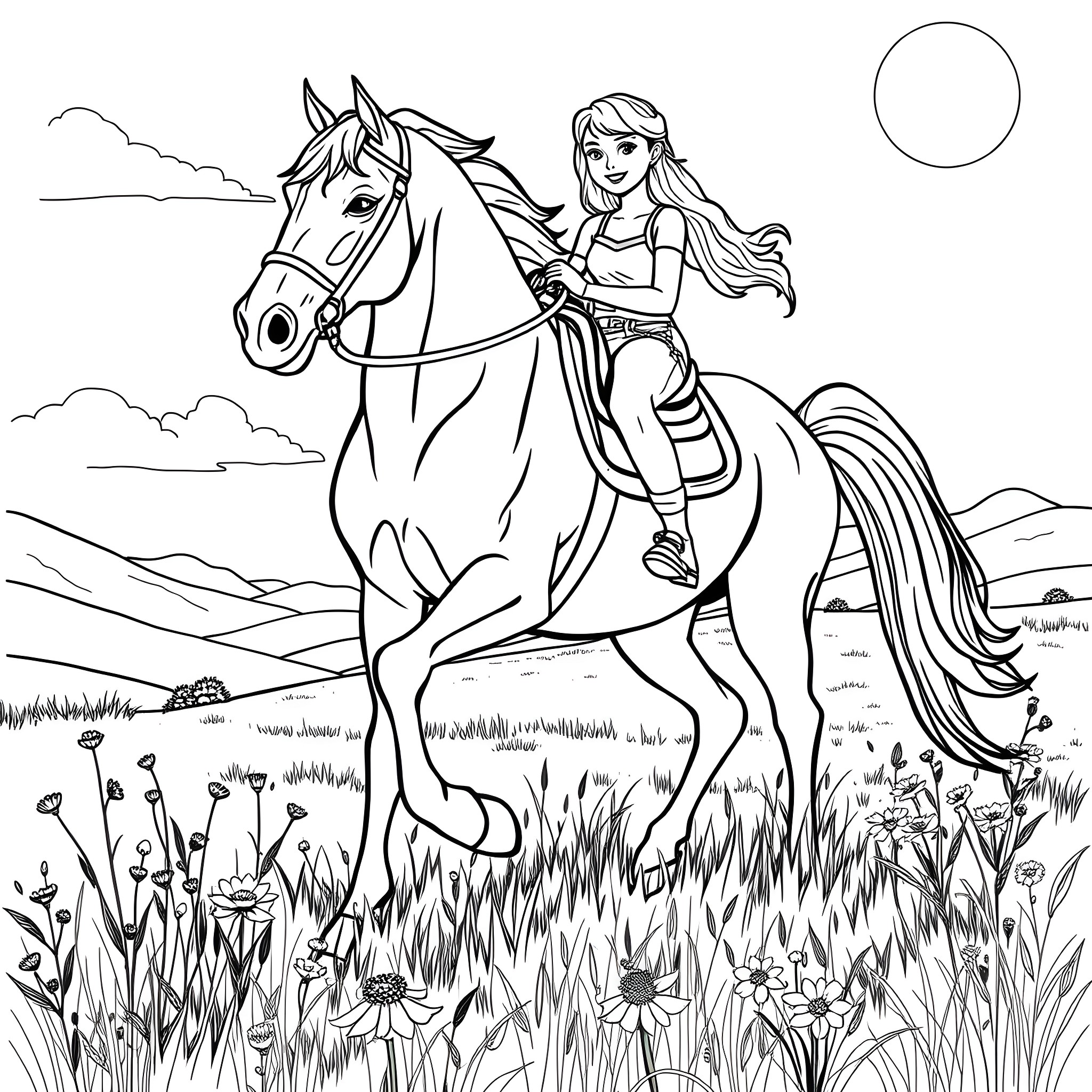 Teen Girl Riding Horse in Pastoral Countryside Coloring Page (free black-and-white line drawing printable PDF for all, from beginners to advanced learners, including children, teens, adults, and seniors)
