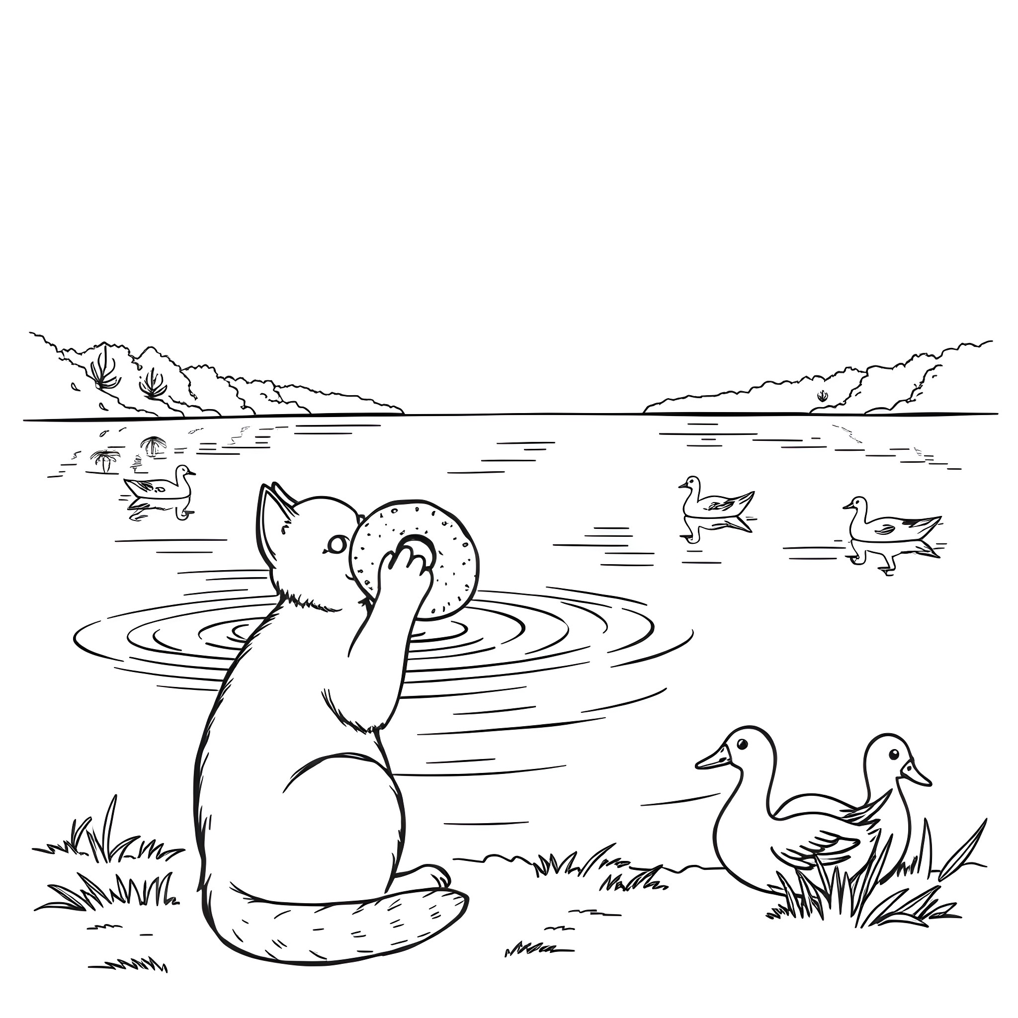 Cat Exploring a Peaceful Lakeside Scene Coloring Page (free black-and-white line drawing printable PDF for all, from beginners to advanced learners, including children, teens, adults, and seniors)