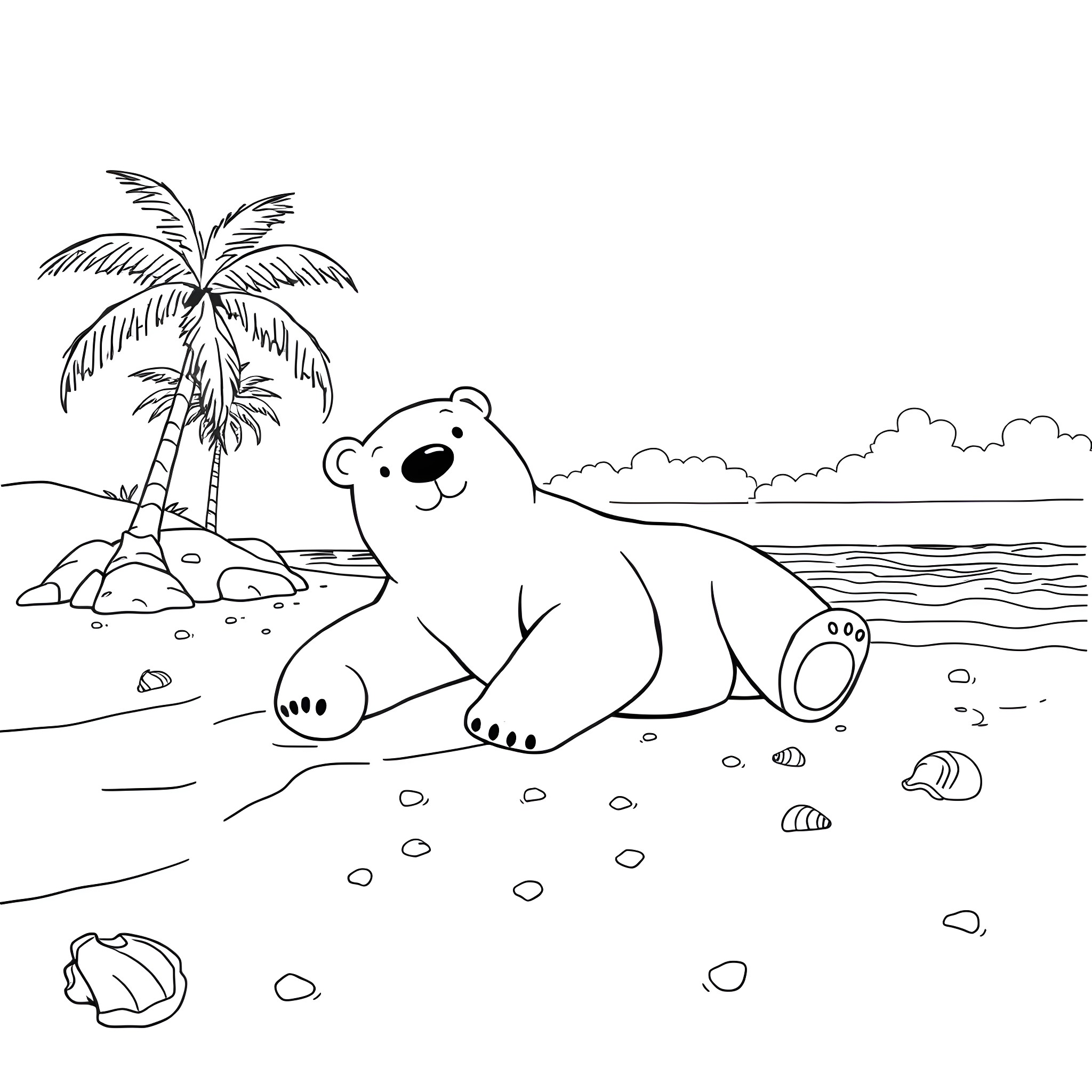 Bear resting on the beach near palm trees Coloring Page (free black-and-white line drawing printable PDF for all, from beginners to advanced learners, including children, teens, adults, and seniors)