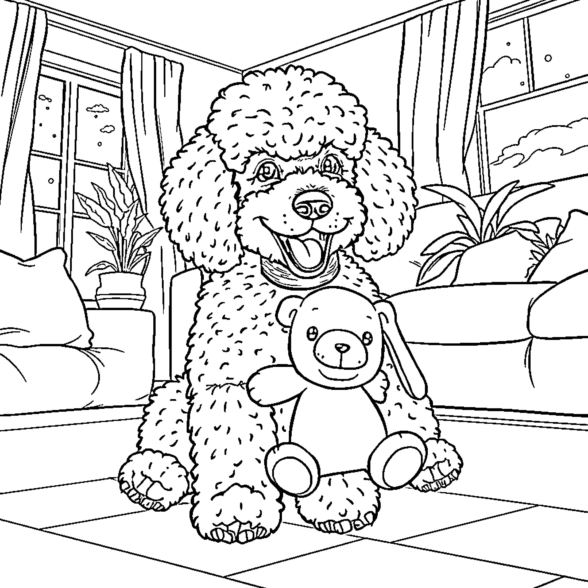 Poodle playing with teddy bear at home Coloring Page (free black-and-white line drawing printable PDF for all, from beginners to advanced learners, including children, teens, adults, and seniors)