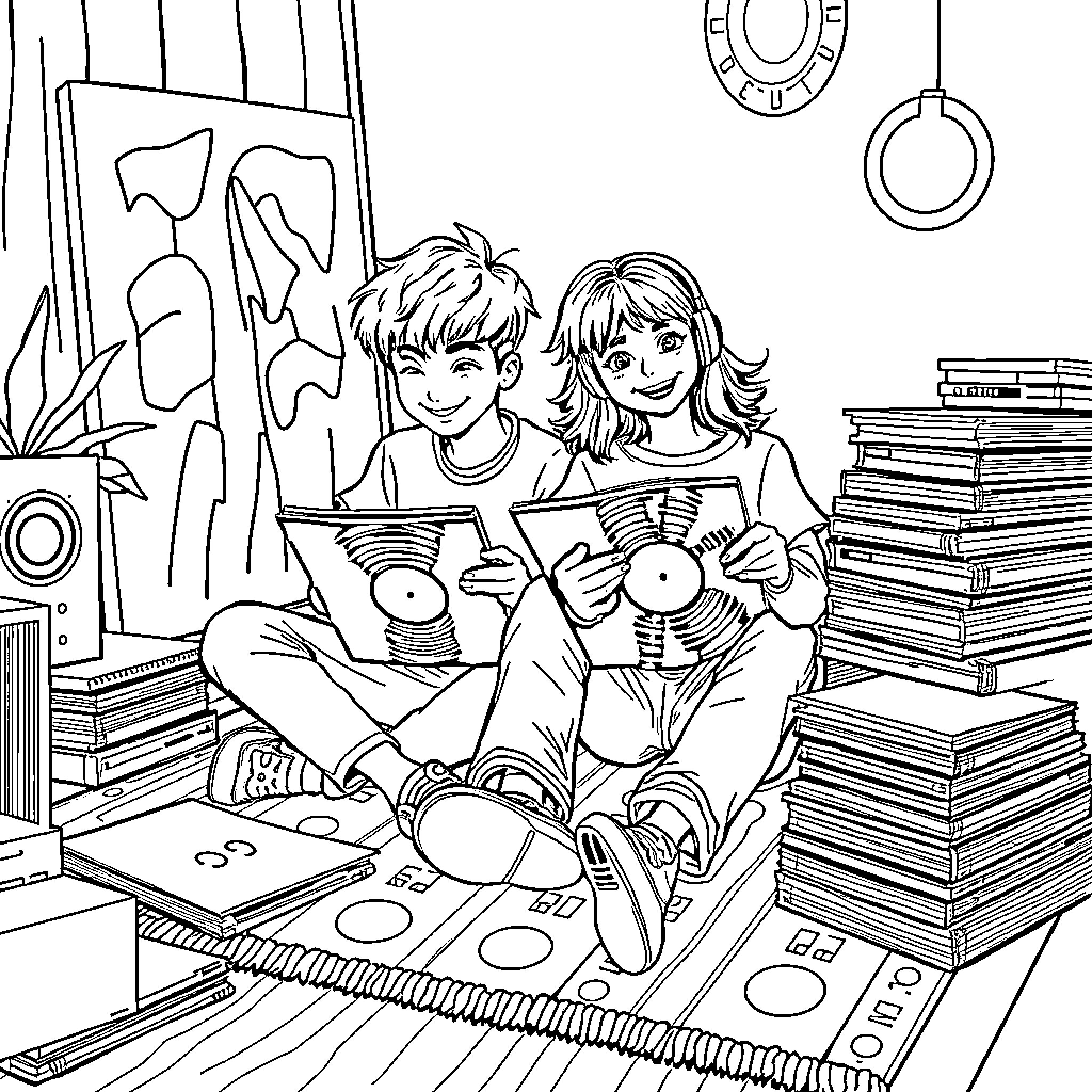 Teenagers Enjoying Music and Reading in Bedroom Coloring Page (free black-and-white line drawing printable PDF for all, from beginners to advanced learners, including children, teens, adults, and seniors)