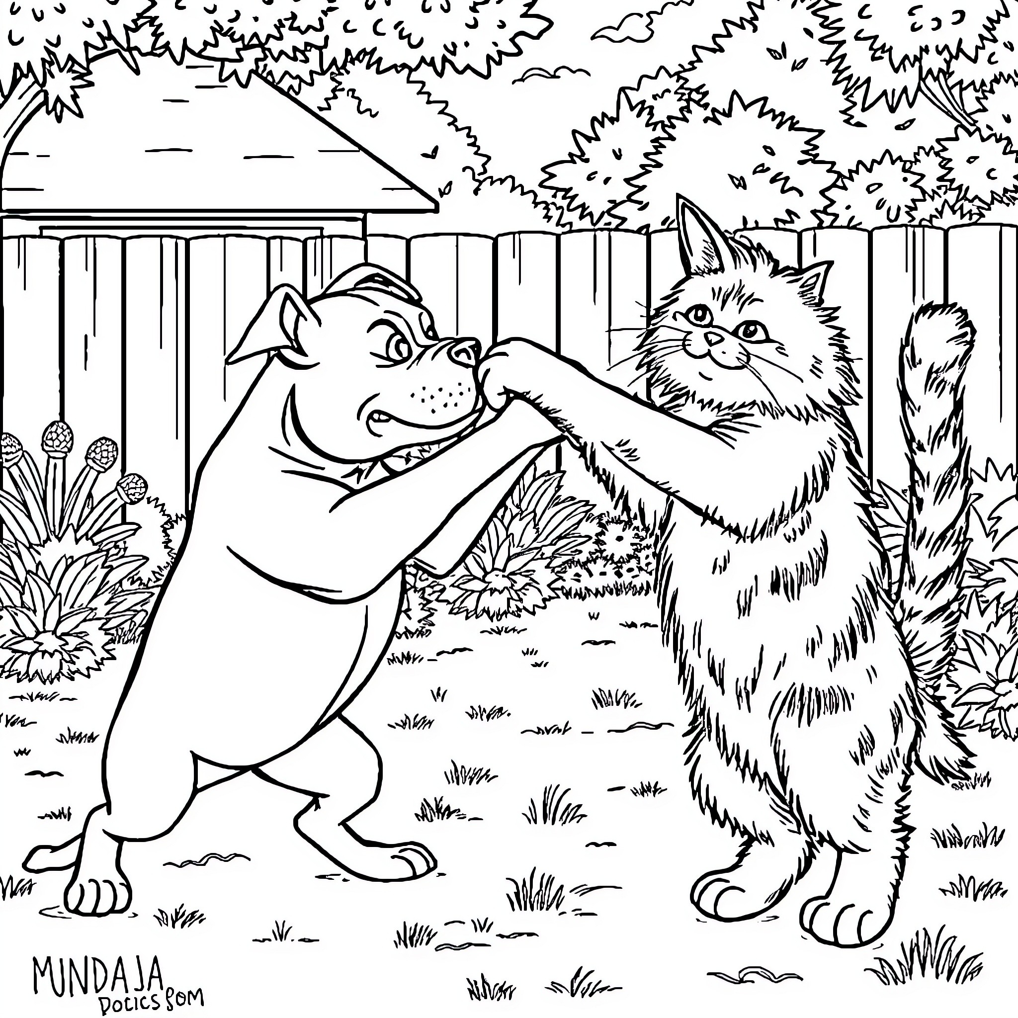 Pitbull and Fluffy Cat Playing in the Backyard Coloring Page (free black-and-white line drawing printable PDF for all, from beginners to advanced learners, including children, teens, adults, and seniors)