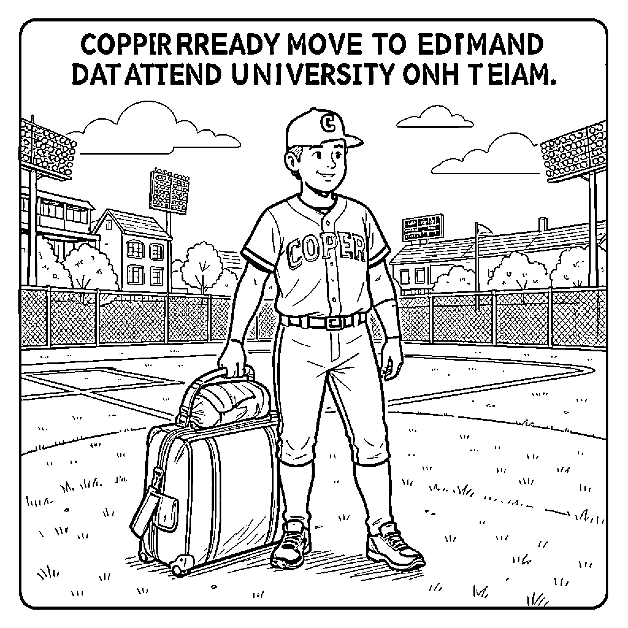 Baseball Player standing with a suitcase on a field Coloring Page (free black-and-white line drawing printable PDF for all, from beginners to advanced learners, including children, teens, adults, and seniors)