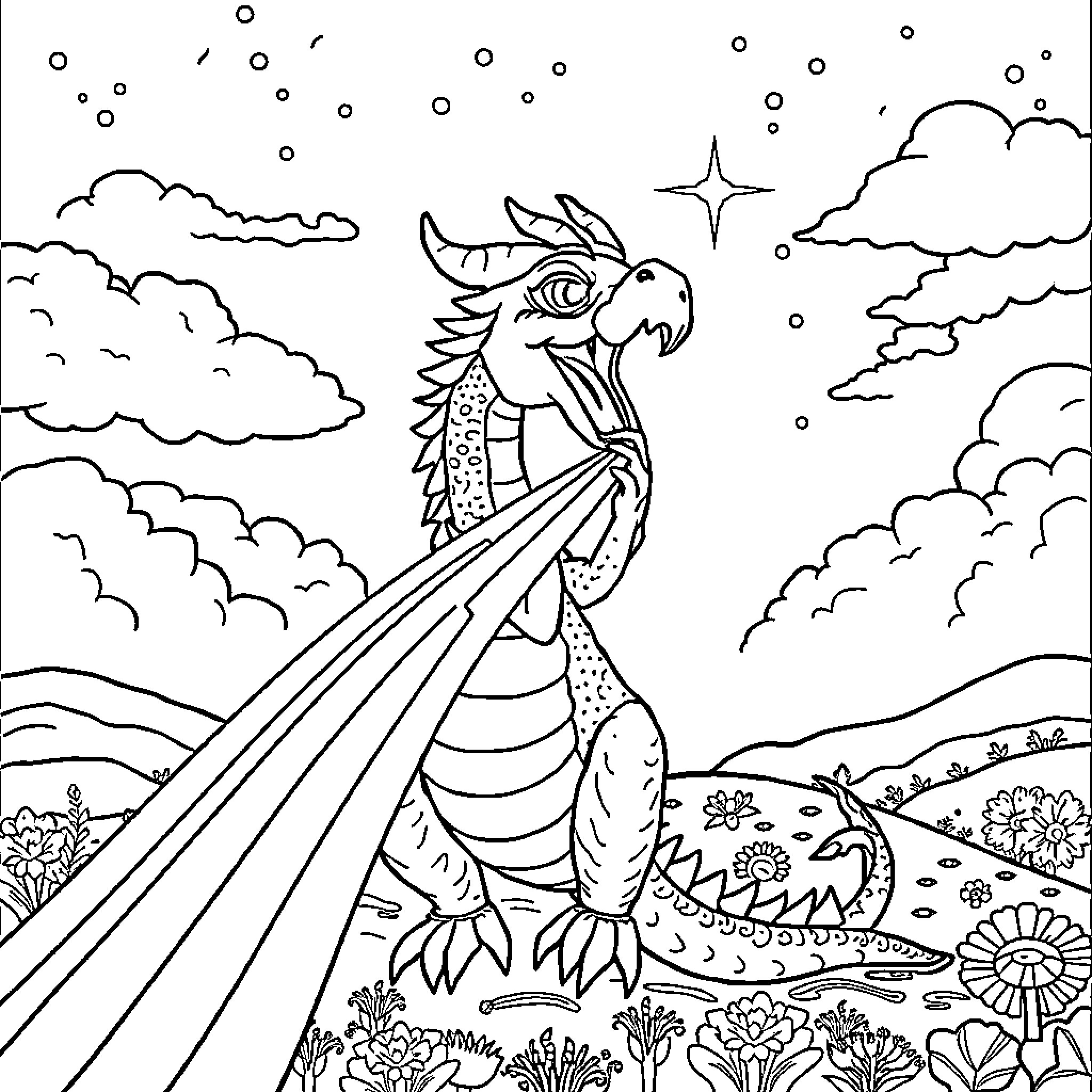 Dragon soaring gracefully through the starry night sky Coloring Page (free black-and-white line drawing printable PDF for all, from beginners to advanced learners, including children, teens, adults, and seniors)