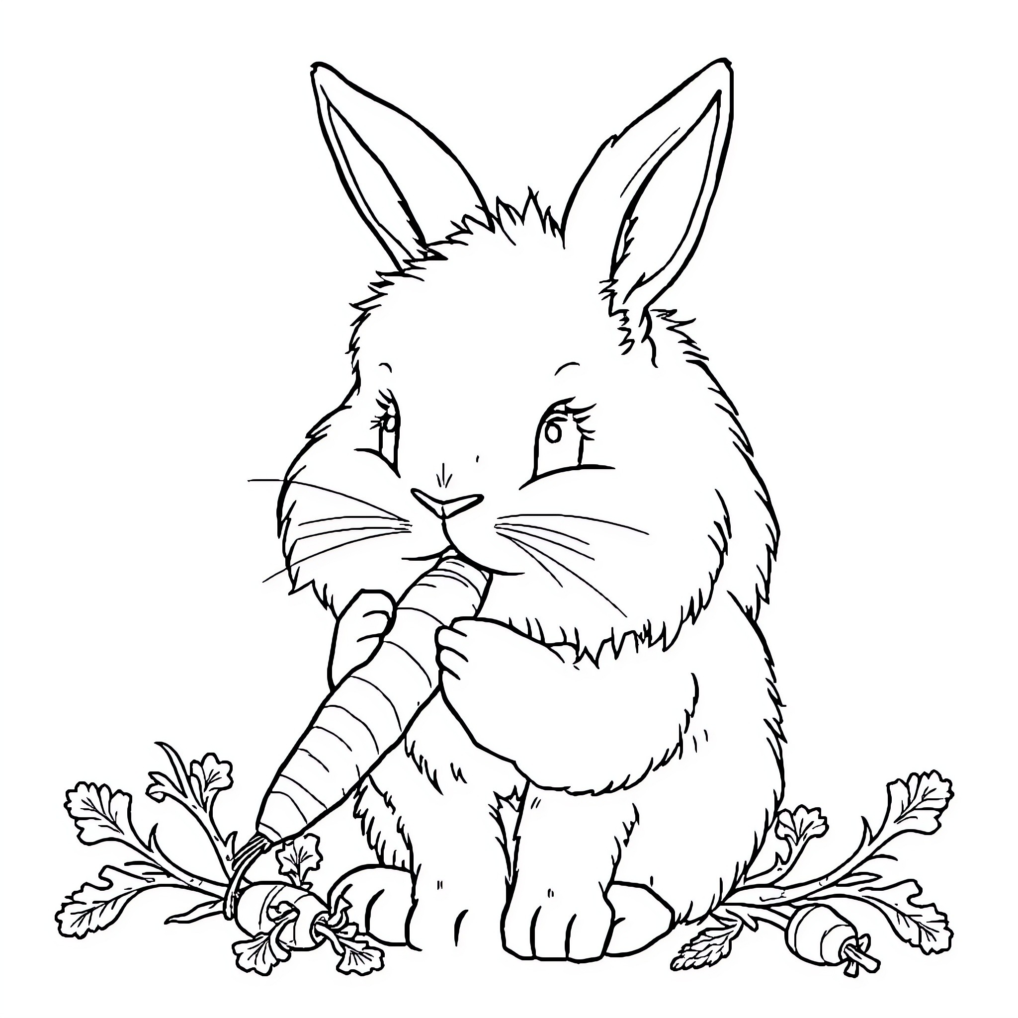 Rabbit munching on a carrot amidst flowers Coloring Page (free black-and-white line drawing printable PDF for all, from beginners to advanced learners, including children, teens, adults, and seniors)