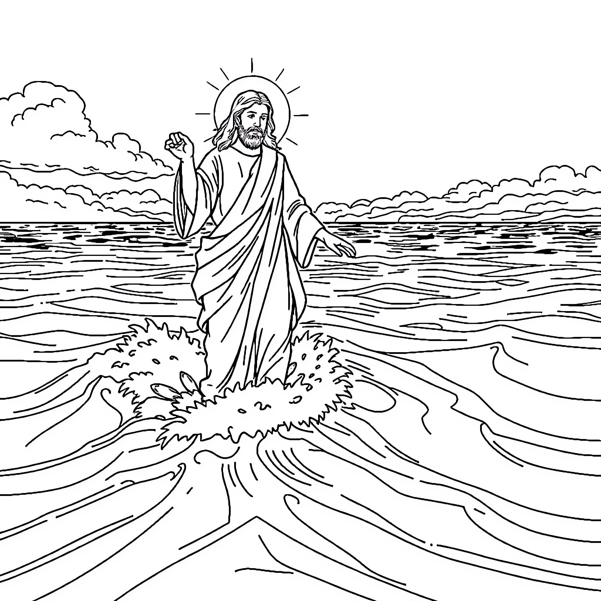 Jesus walking on the water during a storm Coloring Page (free black-and-white line drawing printable PDF for all, from beginners to advanced learners, including children, teens, adults, and seniors)