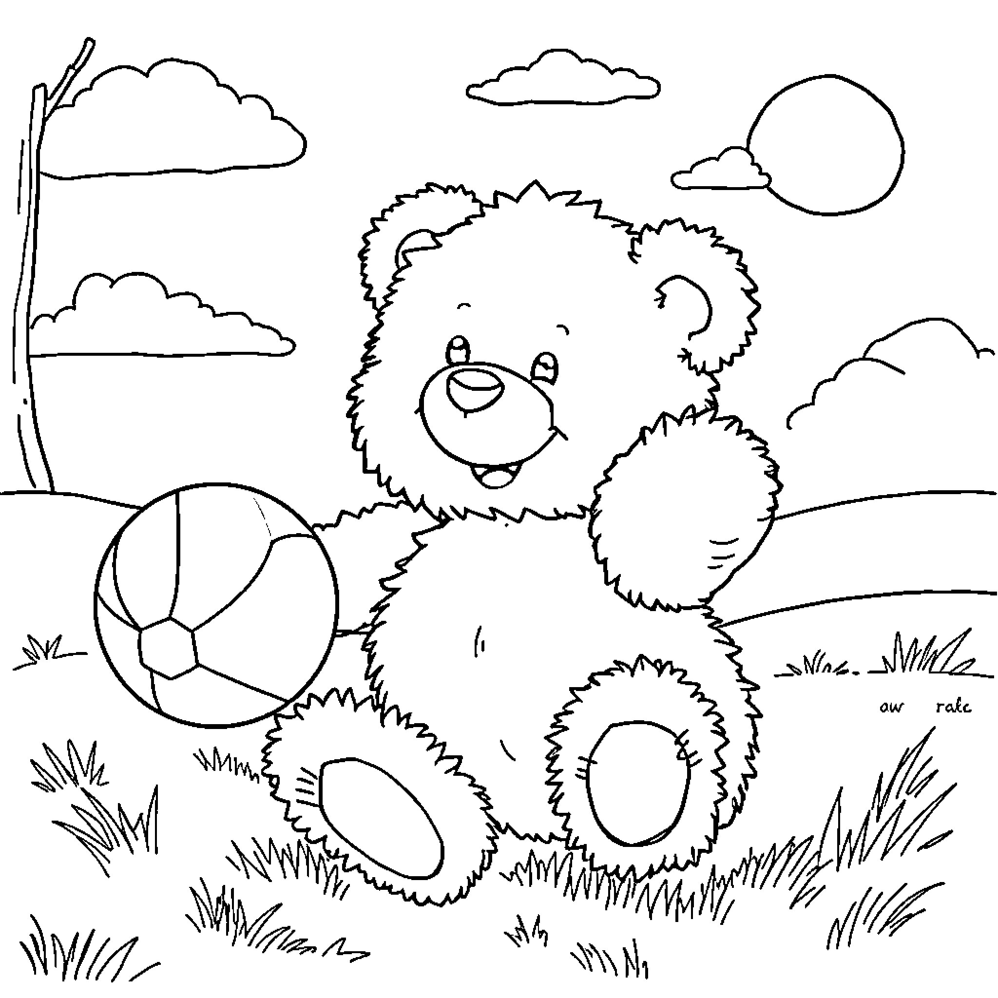 Teddy Bear playing with a ball in a meadow Coloring Page (free black-and-white line drawing printable PDF for all, from beginners to advanced learners, including children, teens, adults, and seniors)
