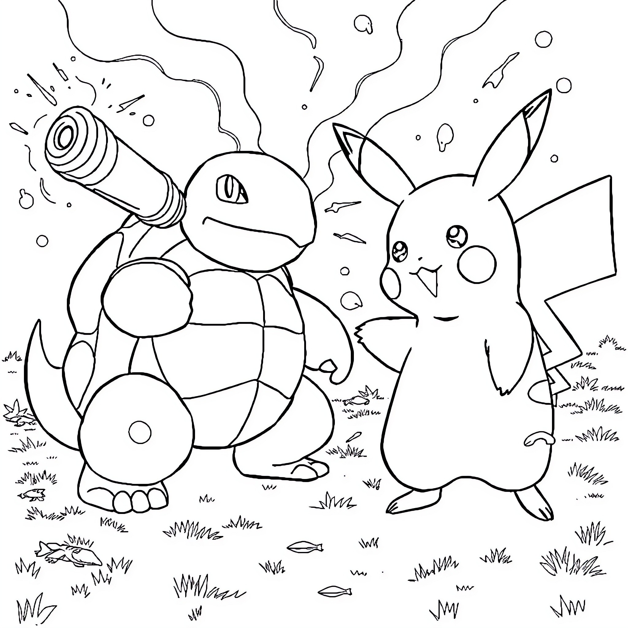 Pikachu and Squirtle Playing Together in Nature Coloring Page (free black-and-white line drawing printable PDF for all, from beginners to advanced learners, including children, teens, adults, and seniors)