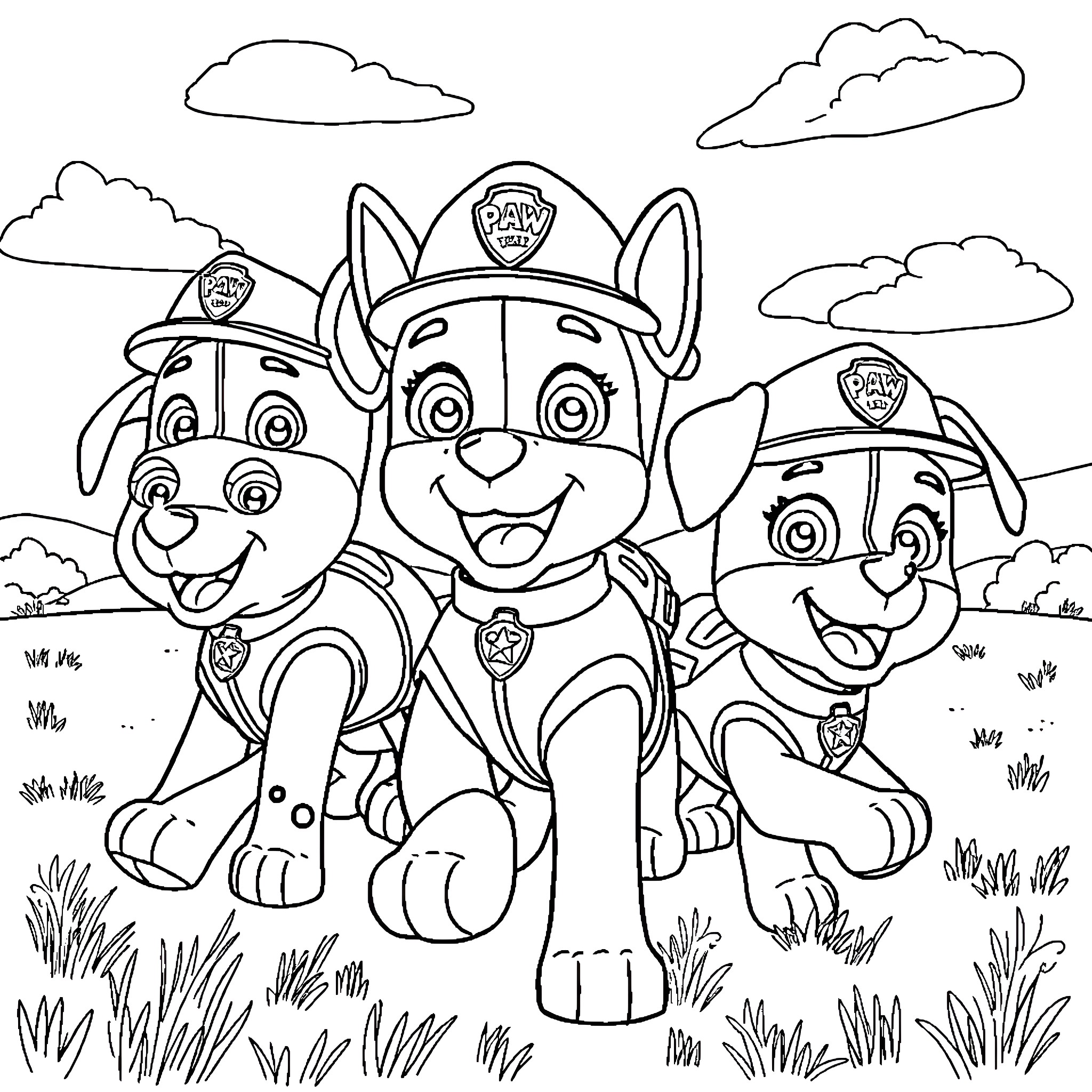 Paw Patrol Puppies on an Adventure Coloring Page (free black-and-white line drawing printable PDF for all, from beginners to advanced learners, including children, teens, adults, and seniors)