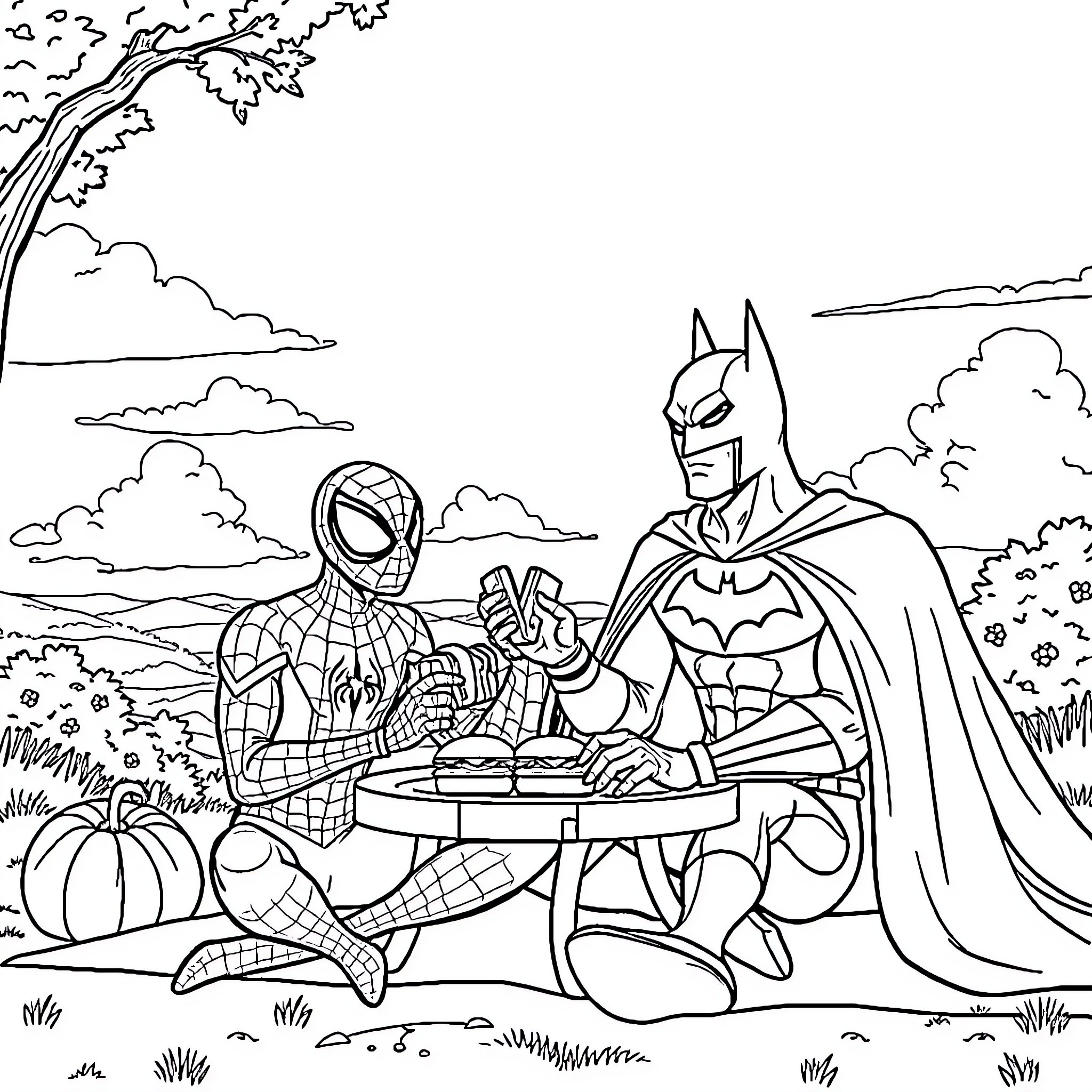 Spider-Man and Batman Team Up for an Outdoor Adventure Coloring Page (free black-and-white line drawing printable PDF for all, from beginners to advanced learners, including children, teens, adults, and seniors)