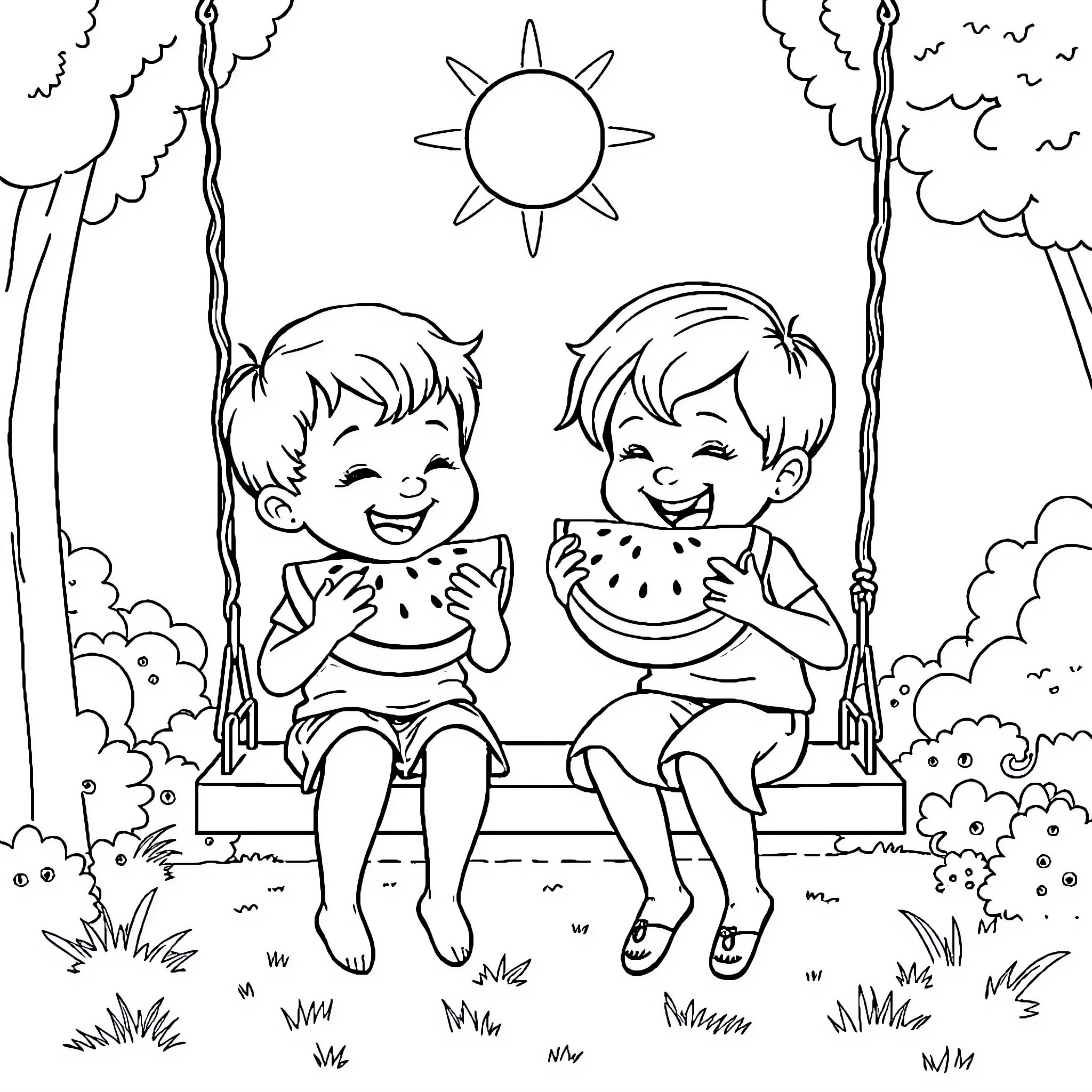 Kid enjoying summer with watermelon on swing Coloring Page (free black-and-white line drawing printable PDF for all, from beginners to advanced learners, including children, teens, adults, and seniors)