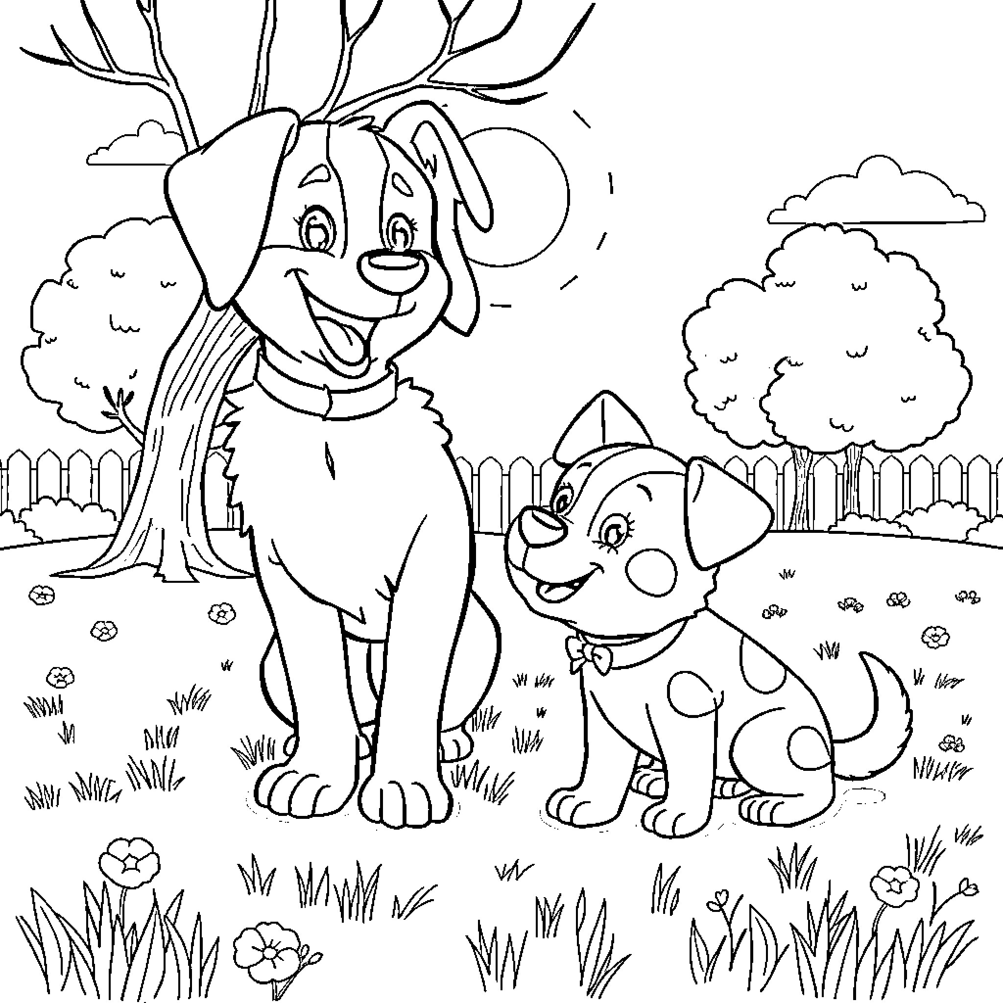 Rumi's Playful Companions in Nature Coloring Page (free black-and-white line drawing printable PDF for all, from beginners to advanced learners, including children, teens, adults, and seniors)