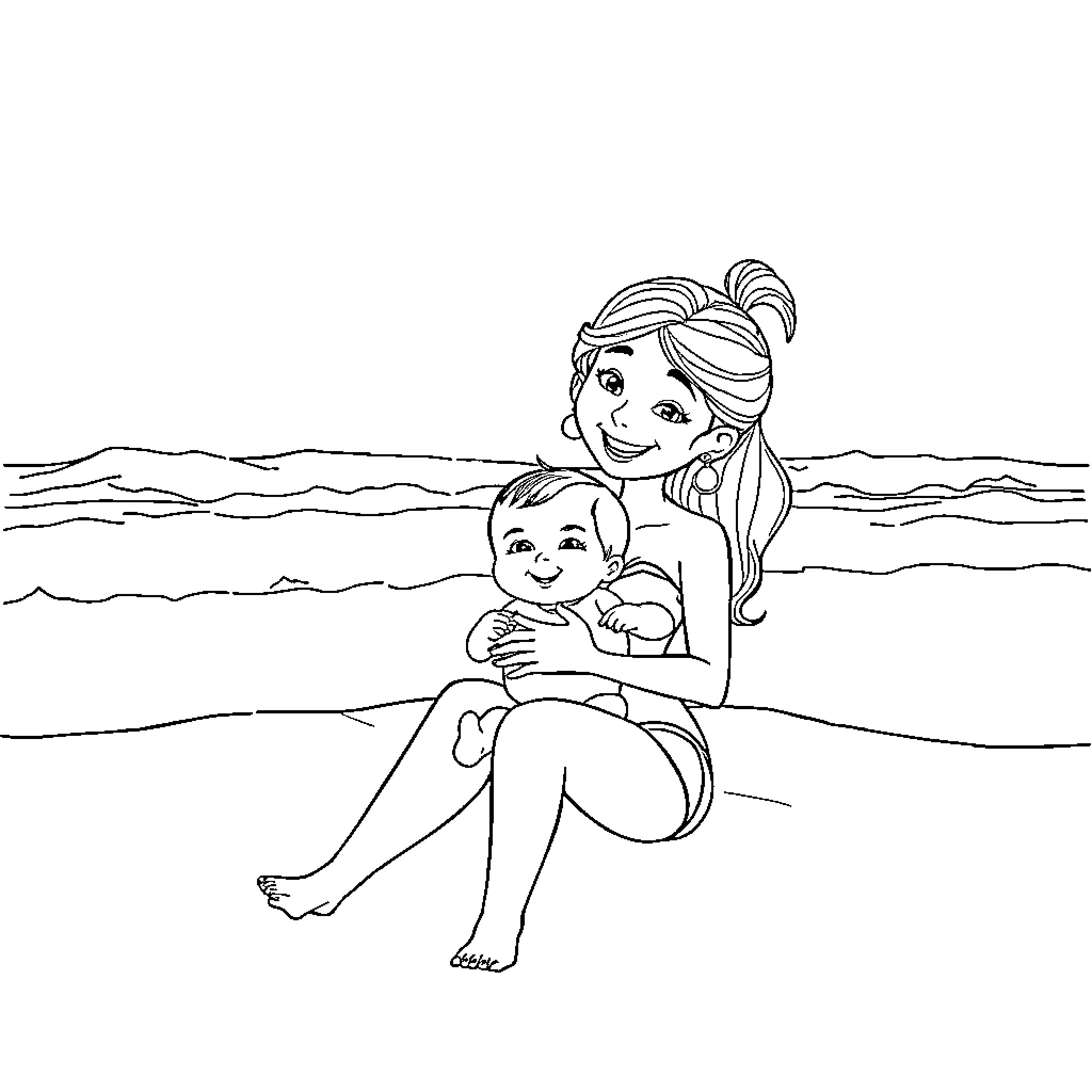Mother and Child Relaxing at the Beach Coloring Page (free black-and-white line drawing printable PDF for all, from beginners to advanced learners, including children, teens, adults, and seniors)