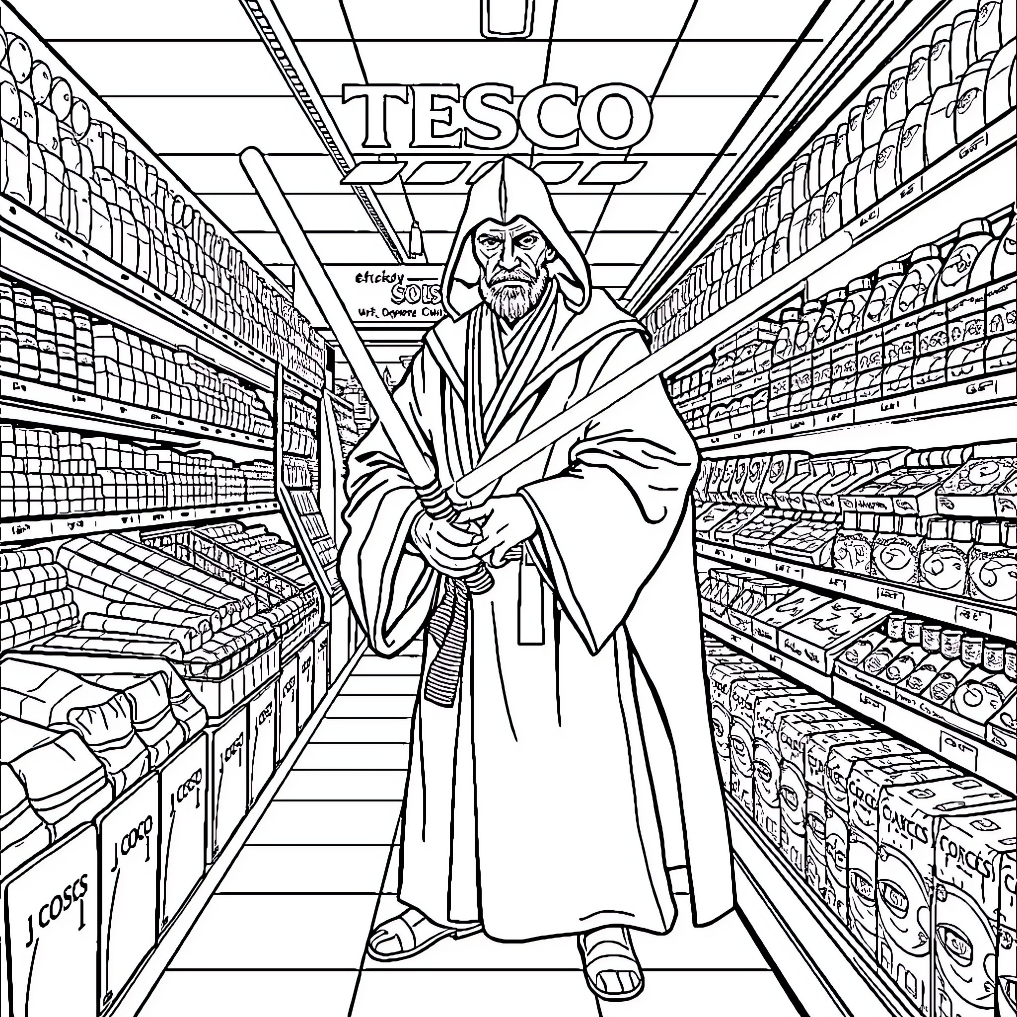 Jedi Master Shopping in Grocery Store Coloring Page (free black-and-white line drawing printable PDF for all, from beginners to advanced learners, including children, teens, adults, and seniors)
