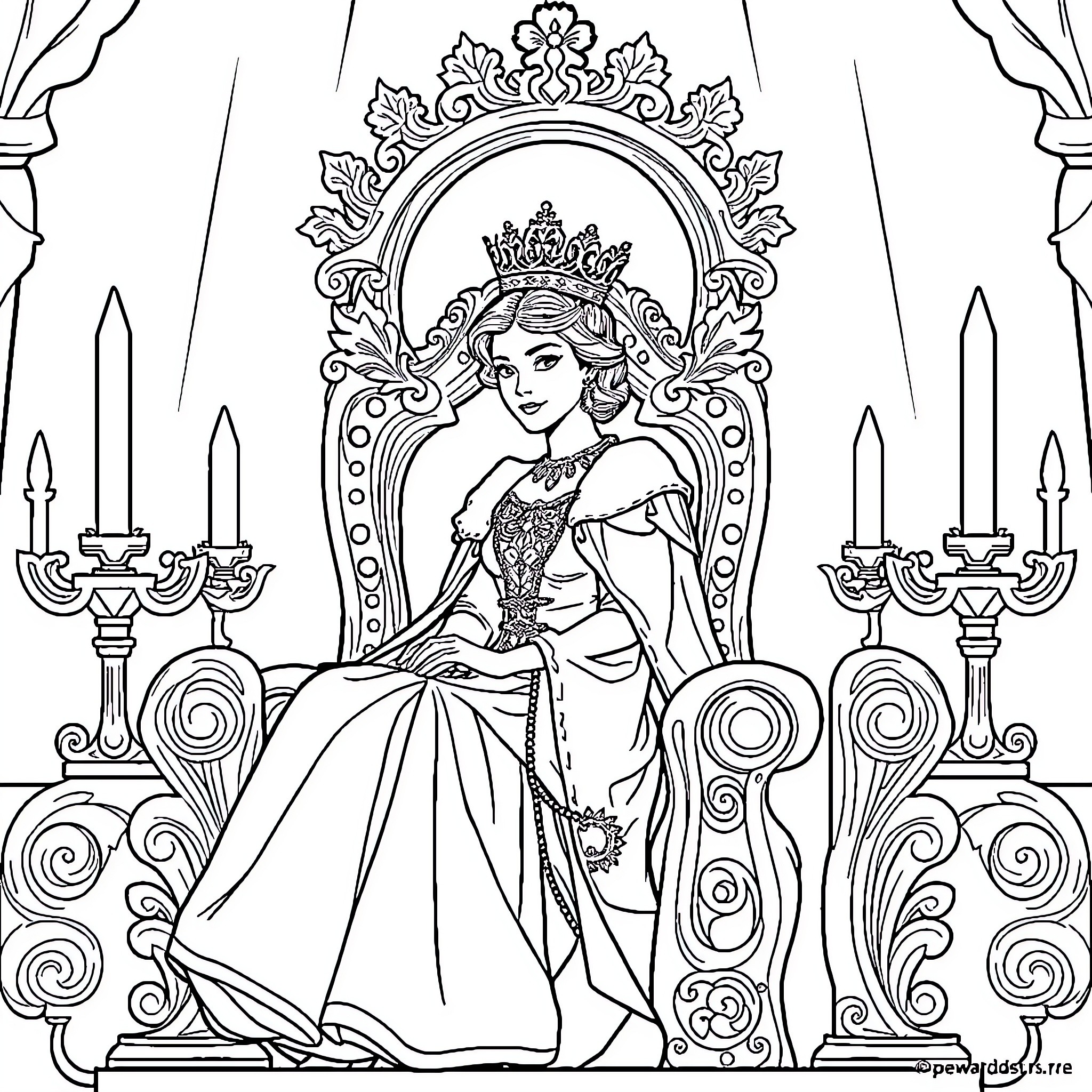 Queen sitting on an ornate throne Coloring Page (free black-and-white line drawing printable PDF for all, from beginners to advanced learners, including children, teens, adults, and seniors)