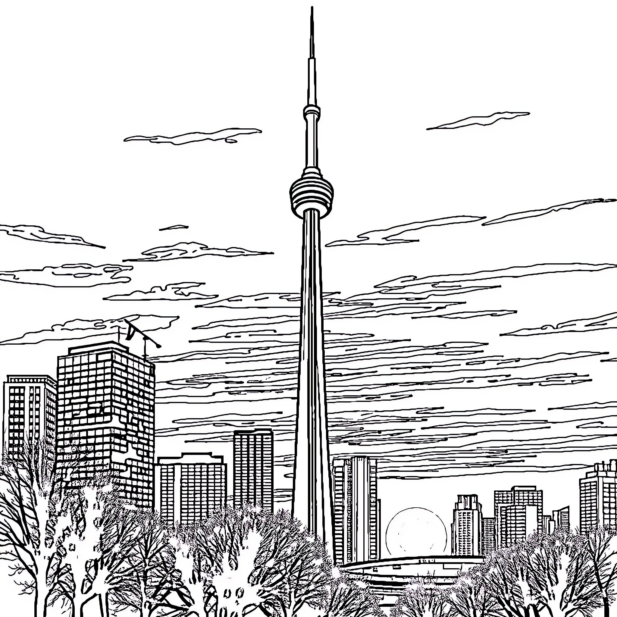 CN Tower amidst Toronto's urban landscape Coloring Page (free black-and-white line drawing printable PDF for all, from beginners to advanced learners, including children, teens, adults, and seniors)