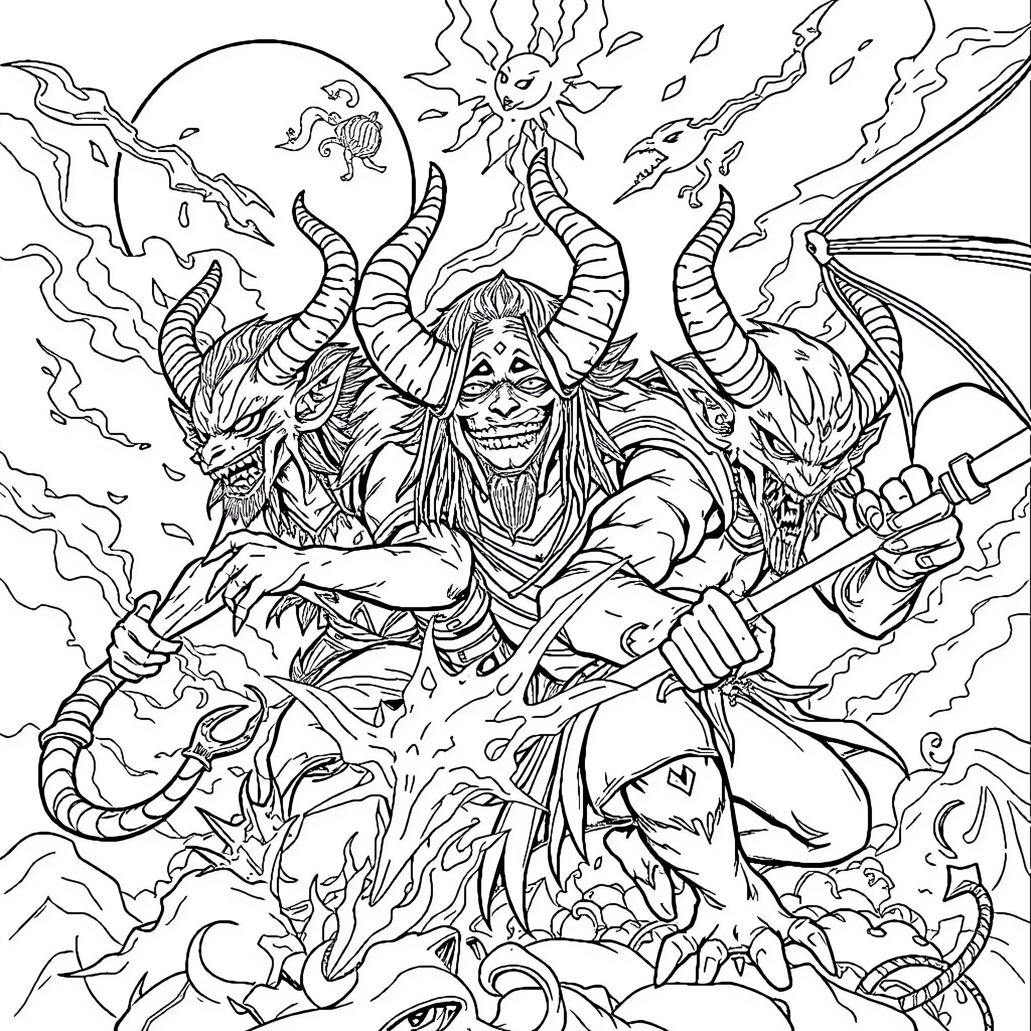Demon Warrior Unleashing Chaos and Destruction Coloring Page (free black-and-white line drawing printable PDF for all, from beginners to advanced learners, including children, teens, adults, and seniors)